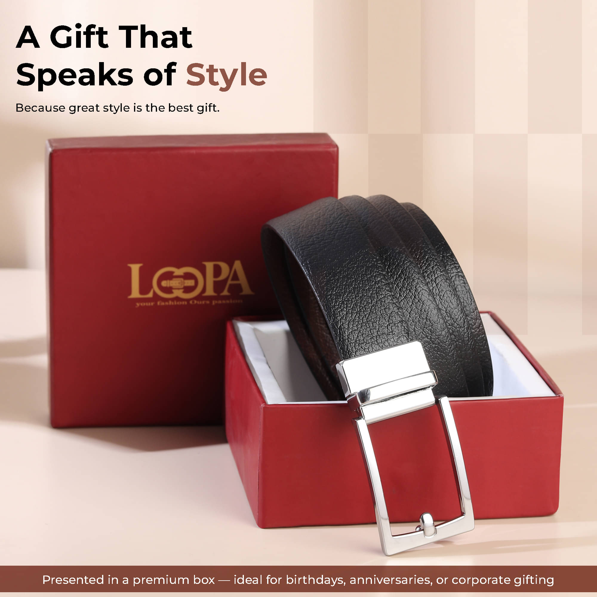 Loopa - Black 100% Leather Men's Reversible Belt ( Pack of 1 ) Loopa - Black 100% Leather Men's Reversible Belt ( Pack of 1 )