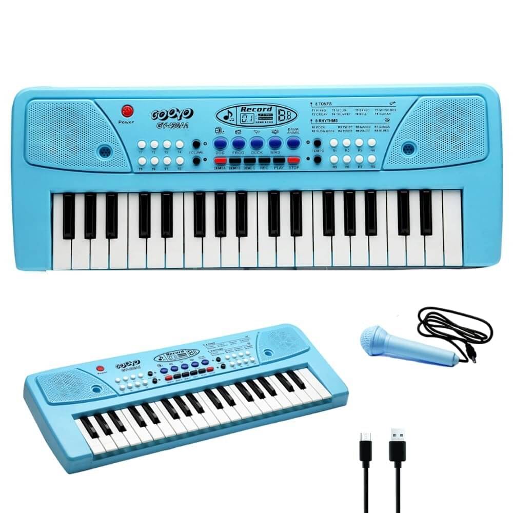     			Musical Piano Keyboard with Microphone | 37 Keys, 8 Rhythms, 8 Tones with 6 Demos & Song Record Feature | Dual Power Supply Source USB Cable (Included) & 3xAA Battery (Not Included)
