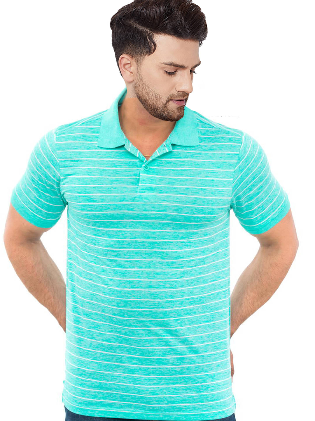     			NAKED SLEEVE Men Polyester Regular Fit Striped Polo T Shirt ( Sea Green )