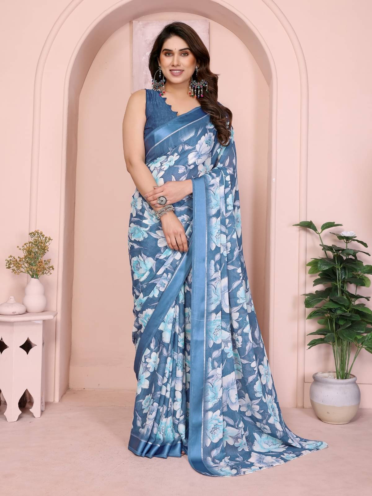     			PEER STORE Chiffon Printed Pashmina Saree With Unstitched Blouse Piece ( Blue )
