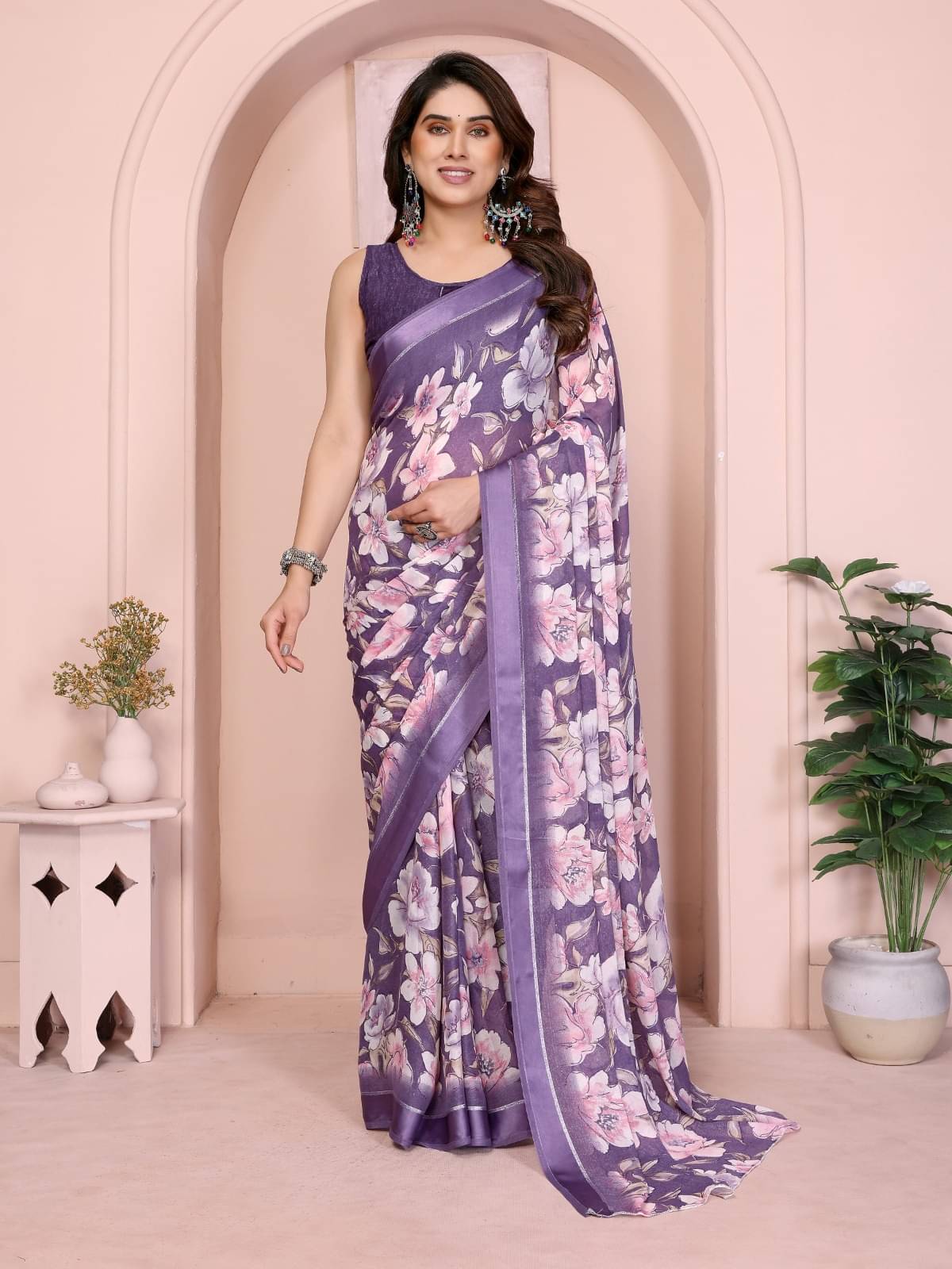 PEER STORE Chiffon Printed Pashmina Saree With Unstitched Blouse Piece ( Purple ) PEER STORE Chiffon Printed Pashmina Saree With Unstitched Blouse Piece ( Purple )