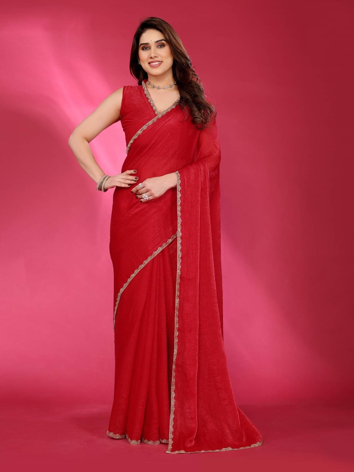     			PEER STORE Zimmy Choo Solid Maheshwari Saree With Unstitched Blouse Piece ( Red )