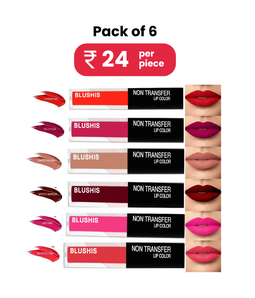     			Blushis Super Stay Matte Liquid Lipstick Combo Pack Of 6 Peice(Multicolour, 16 Ml)