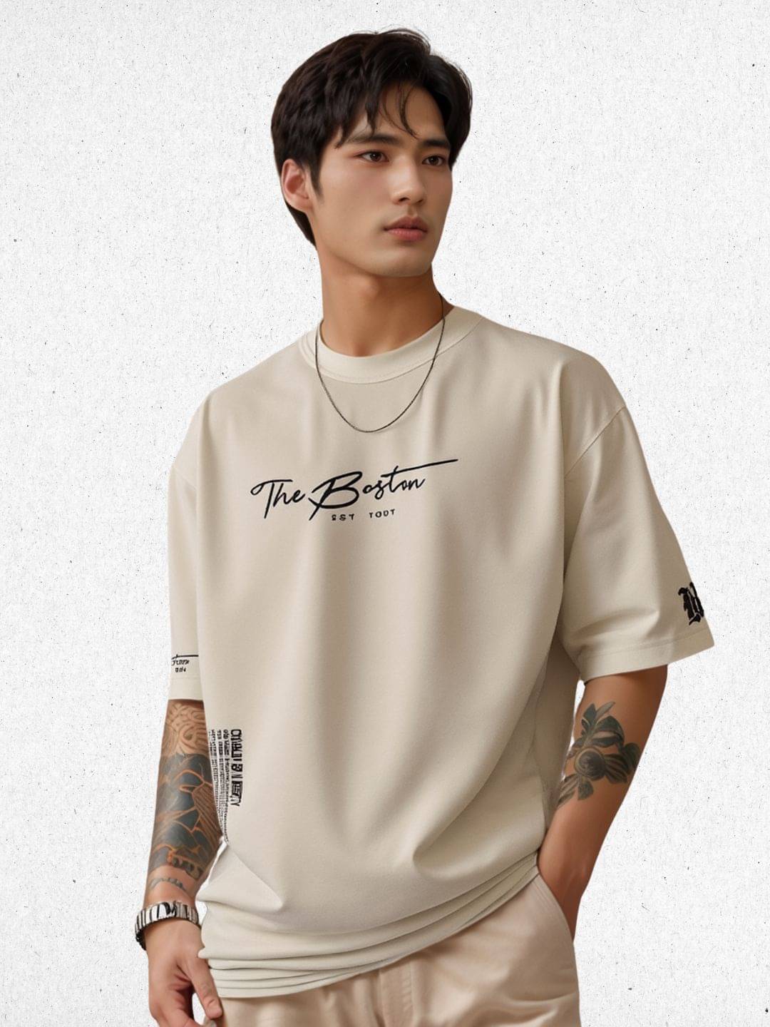 TAZO Men Cotton Blend Oversized Fit Printed T-Shirt ( Beige ) TAZO Men Cotton Blend Oversized Fit Printed T-Shirt ( Beige )