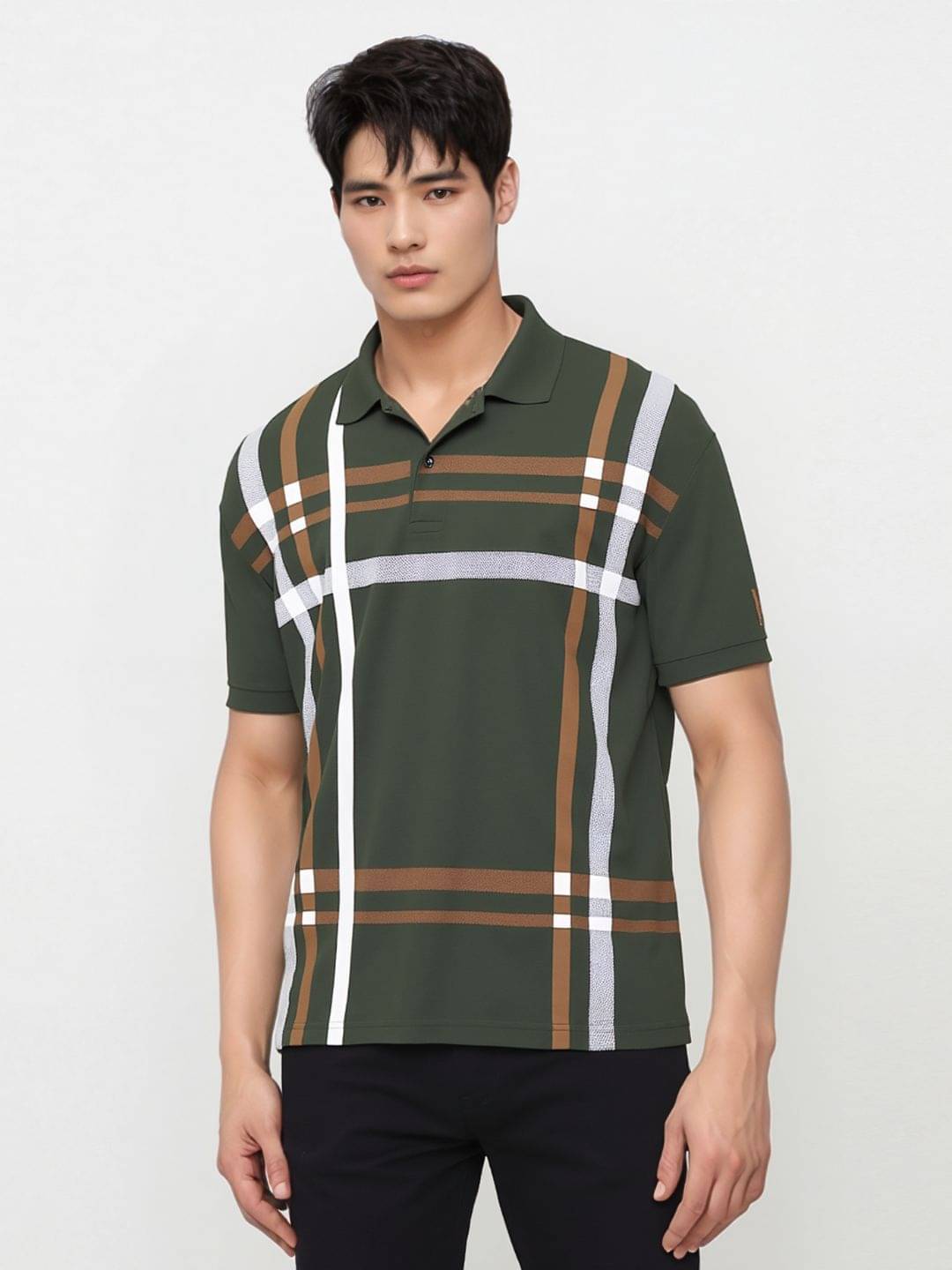    			TAZO Men Cotton Blend Regular Fit Checks Polo T Shirt ( Green )
