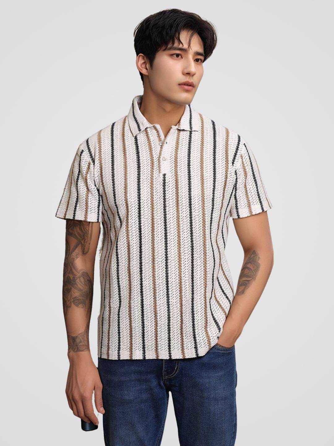    			TAZO Men Cotton Blend Regular Fit Checks Polo T Shirt ( Beige )