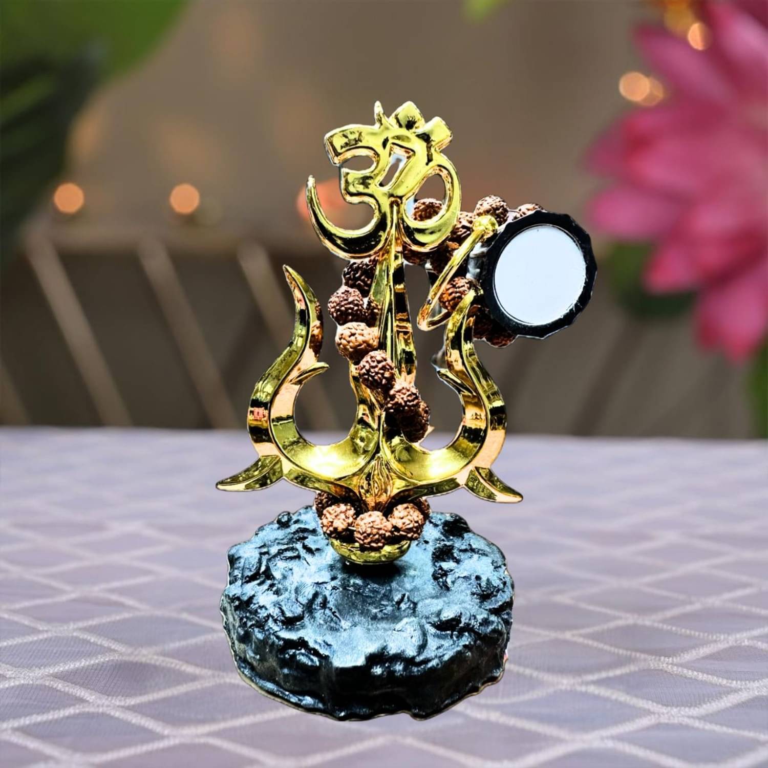 Tiny Shiny Traditional Trishul with Damru Decorative Showpiece Statue for Car Dashboard, Pooja, Home & Office Decor | Shiva Trishul Idol For Mandir, Black & Gold, Resin Tiny Shiny Traditional Trishul with Damru Decorative Showpiece Statue for Car Dashboard, Pooja, Home & Office Decor | Shiva Trishul Idol For Mandir, Black & Gold, Resin