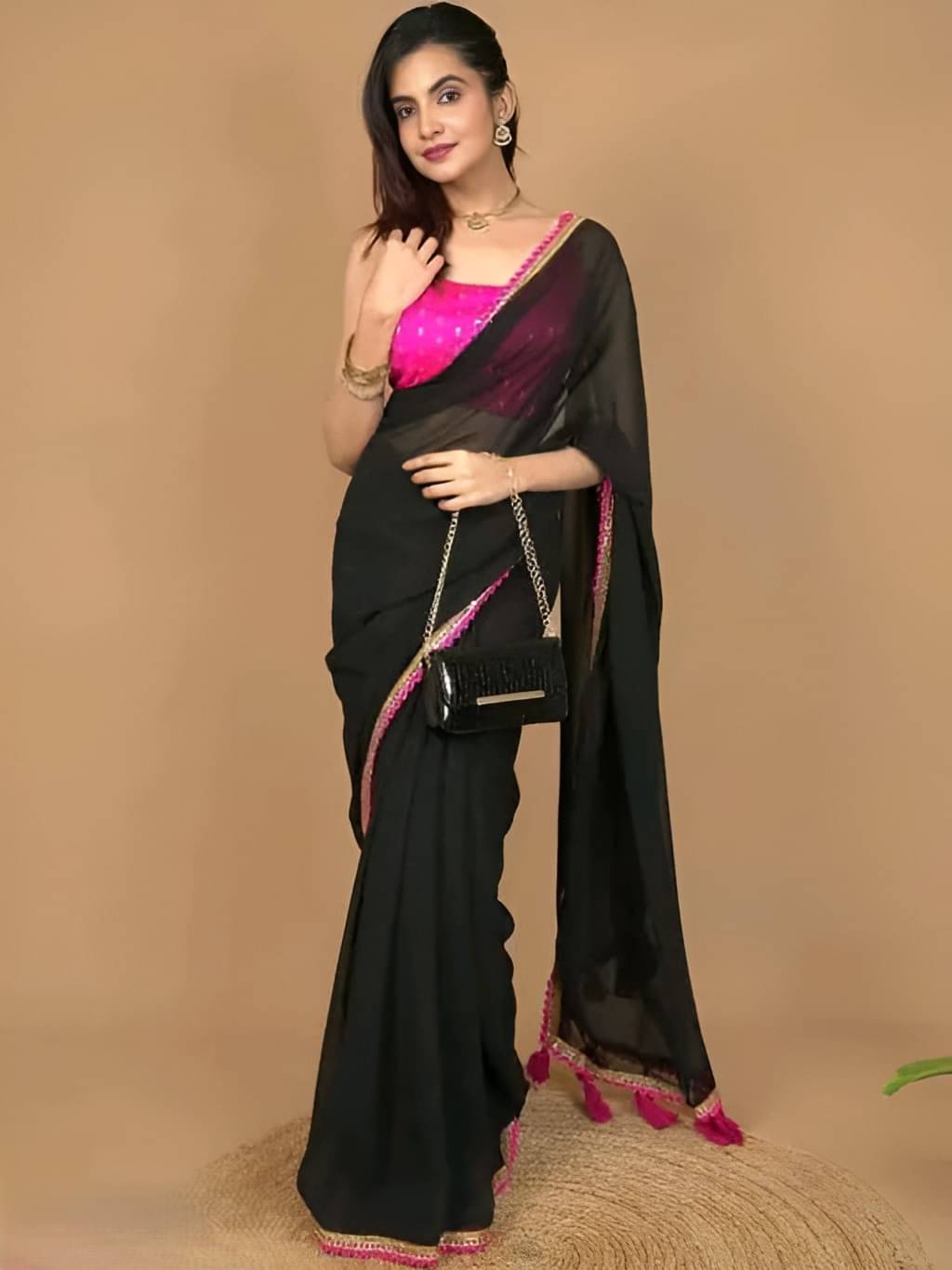 V FANCY Georgette Solid Kanjeevaram Sarees With Stitched Blouse ( Black ) V FANCY Georgette Solid Kanjeevaram Sarees With Stitched Blouse ( Black )