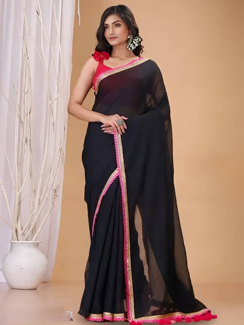 V FANCY Georgette Solid Kanjeevaram Sarees With Stitched Blouse ( Black ) V FANCY Georgette Solid Kanjeevaram Sarees With Stitched Blouse ( Black )