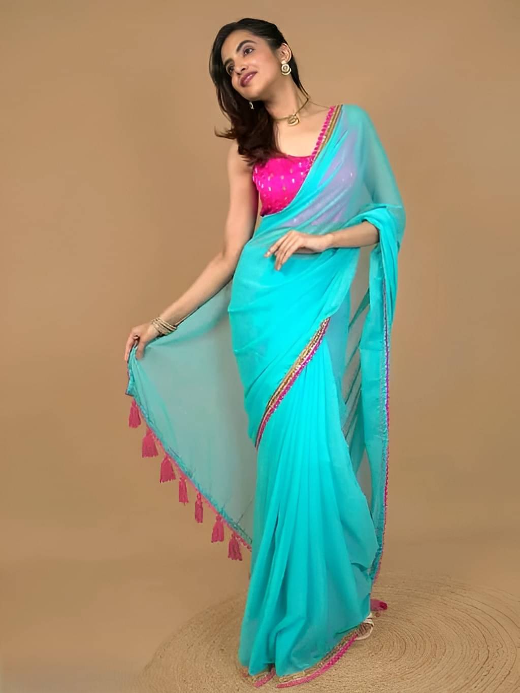 V FANCY Georgette Solid Kanjeevaram Sarees With Stitched Blouse ( Sky Blue ) V FANCY Georgette Solid Kanjeevaram Sarees With Stitched Blouse ( Sky Blue )