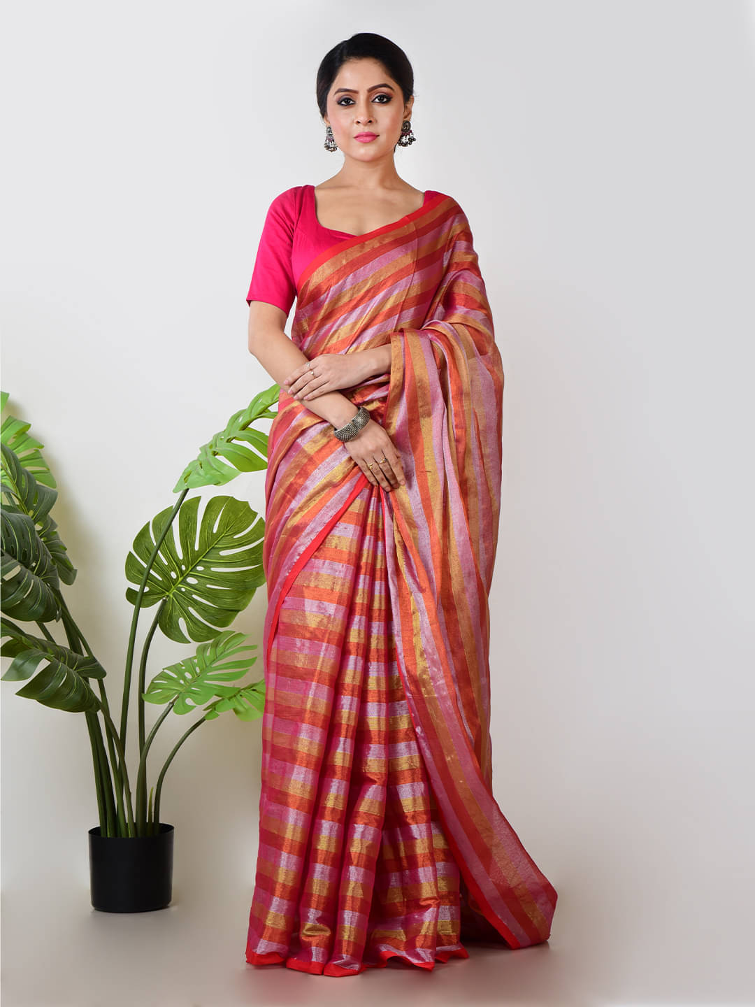 Aakar Tissue Self Design Saree With Unstitched Blouse Piece ( Pink ) Aakar Tissue Self Design Saree With Unstitched Blouse Piece ( Pink )