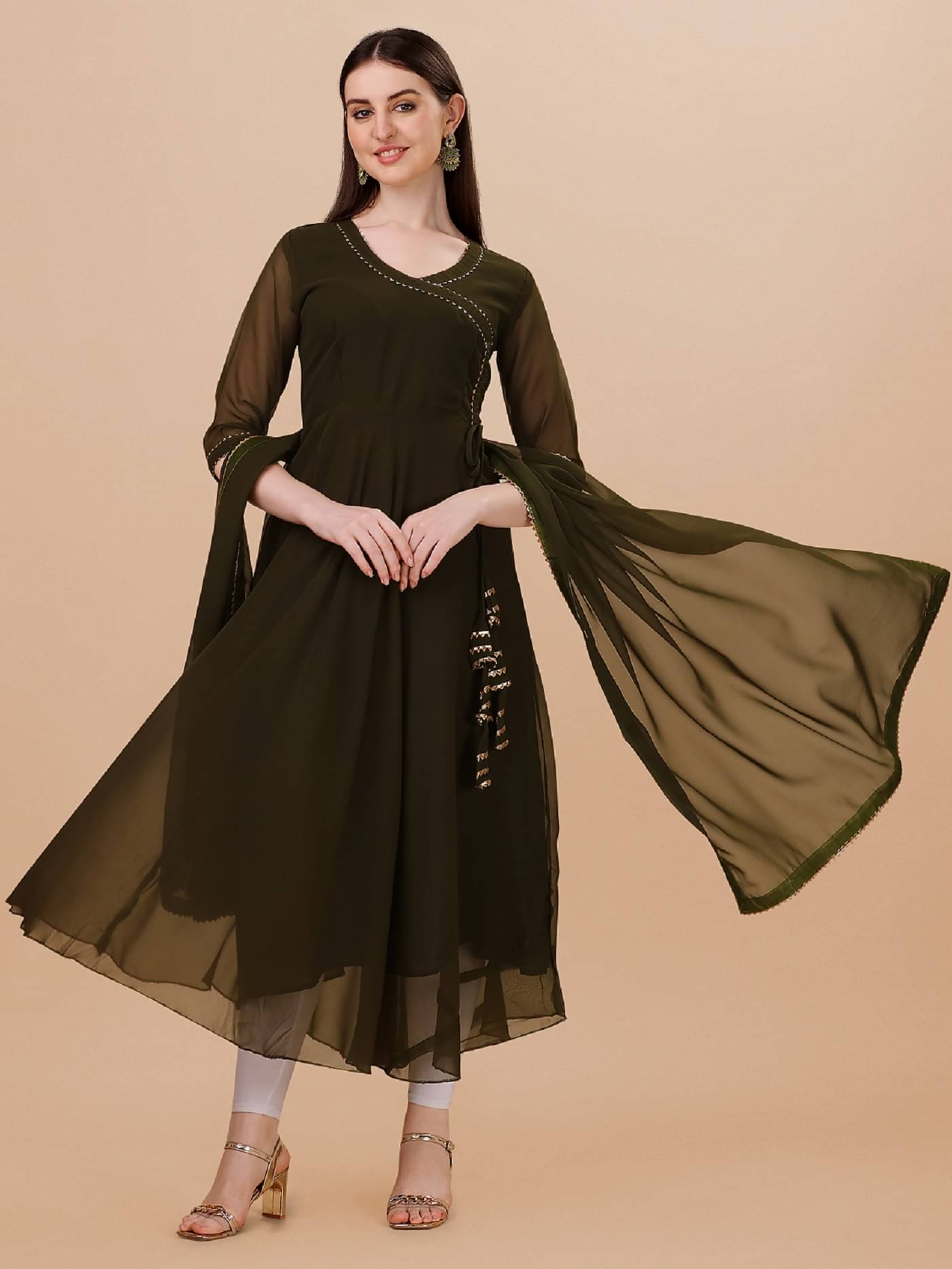     			Crissy Women Georgette Striped A-line Kurti with Dupatta ( Light Green )