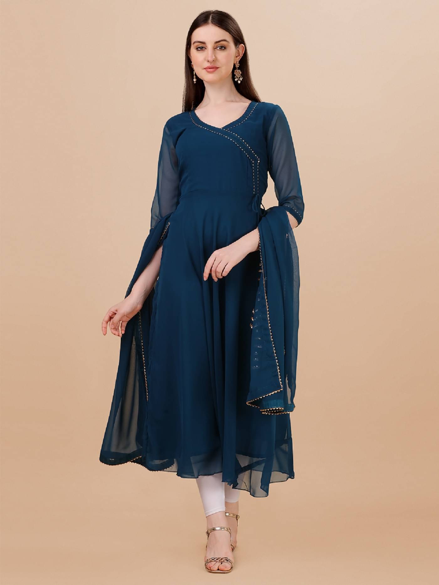     			Crissy Women Georgette Striped A-line Kurti with Dupatta ( Teal )