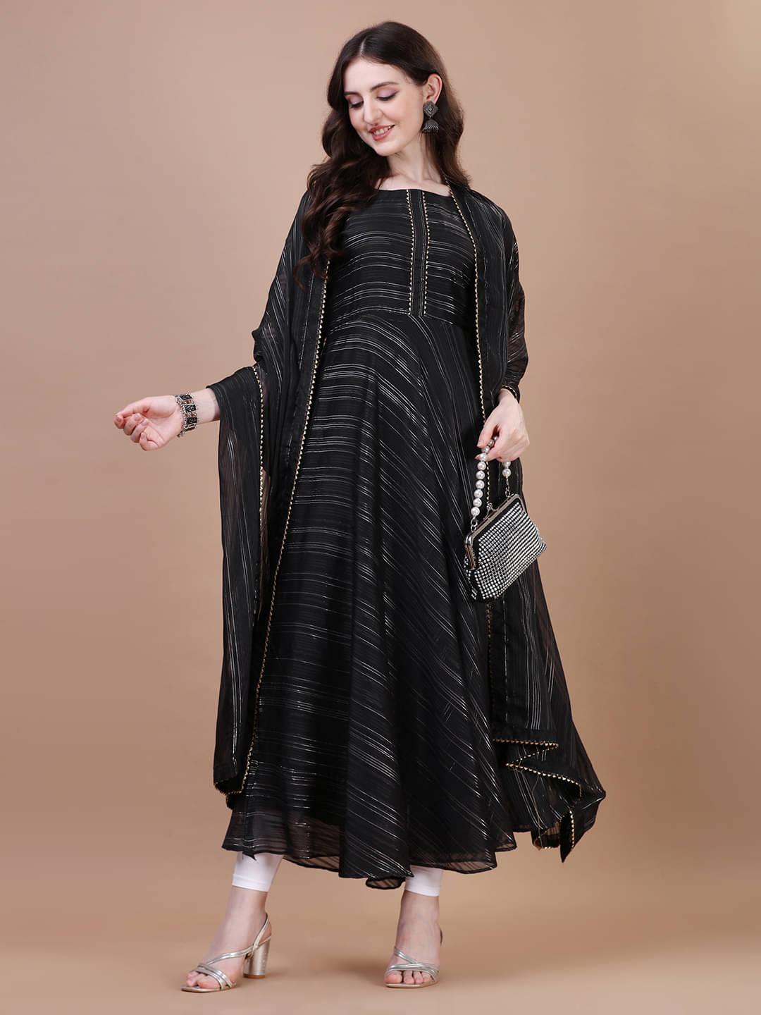 Crissy Women Georgette Woven Design Anarkali Kurti with Dupatta ( Black ) Crissy Women Georgette Woven Design Anarkali Kurti with Dupatta ( Black )