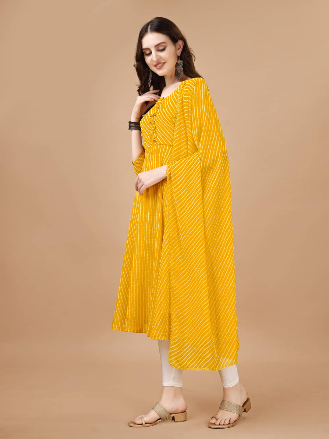 Crissy Women Georgette Woven Design Anarkali Kurti with Dupatta ( Yellow ) Crissy Women Georgette Woven Design Anarkali Kurti with Dupatta ( Yellow )