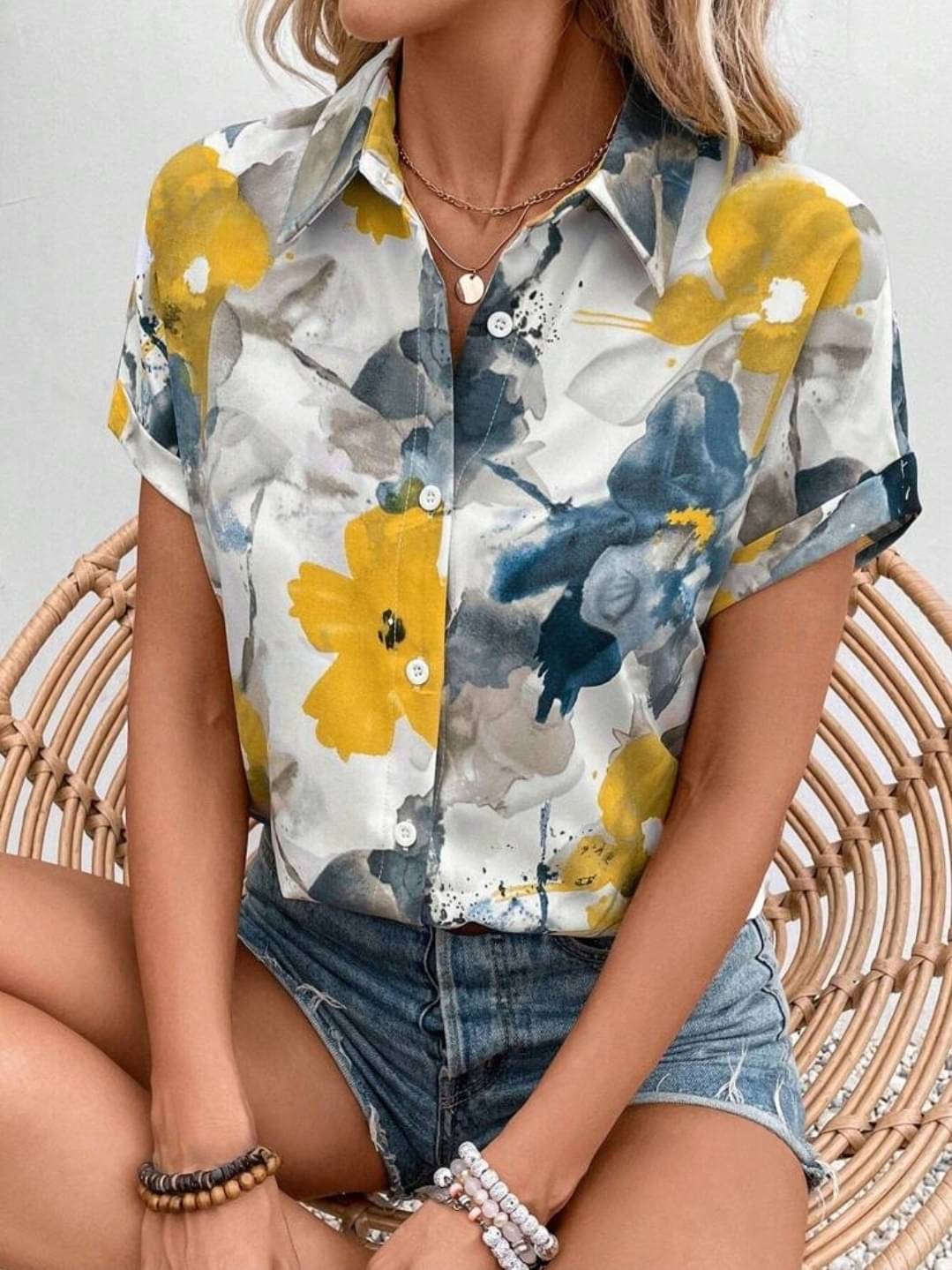     			Derifa Women Printed Cotton Blend Shirt ( Yellow )