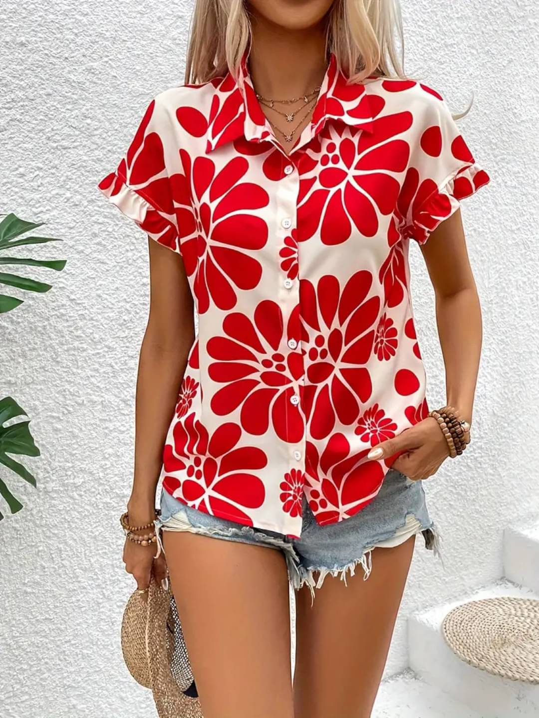     			Derifa Women Printed Cotton Blend Shirt ( Red )