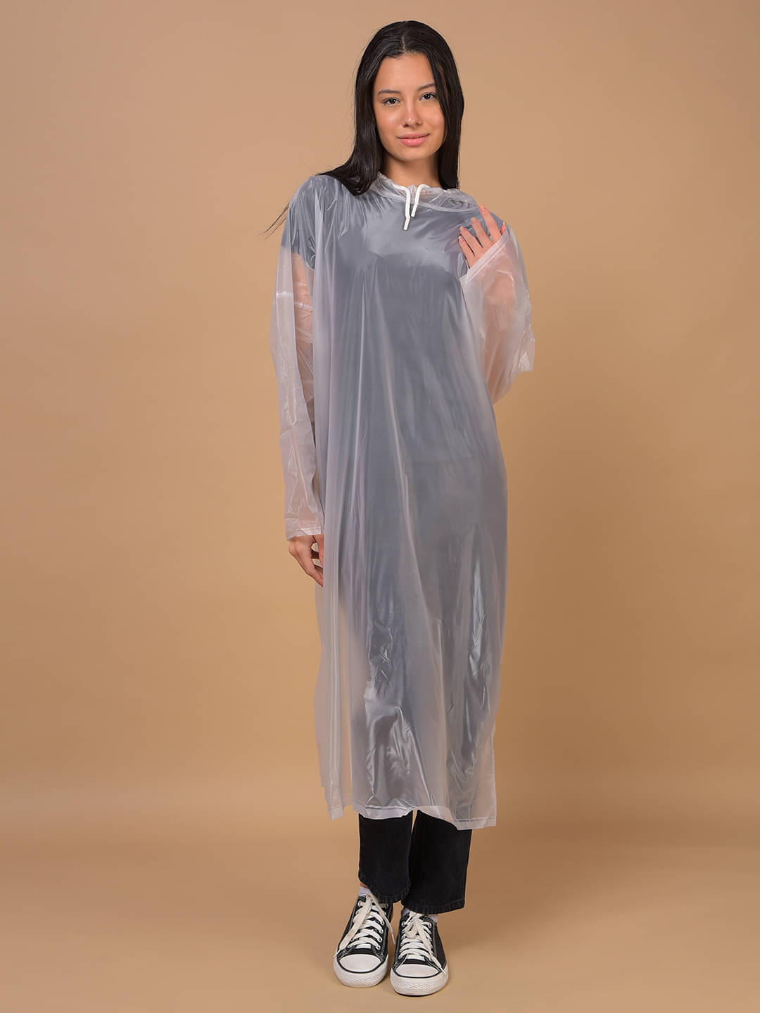     			Dollar Polyester Long Raincoat - White