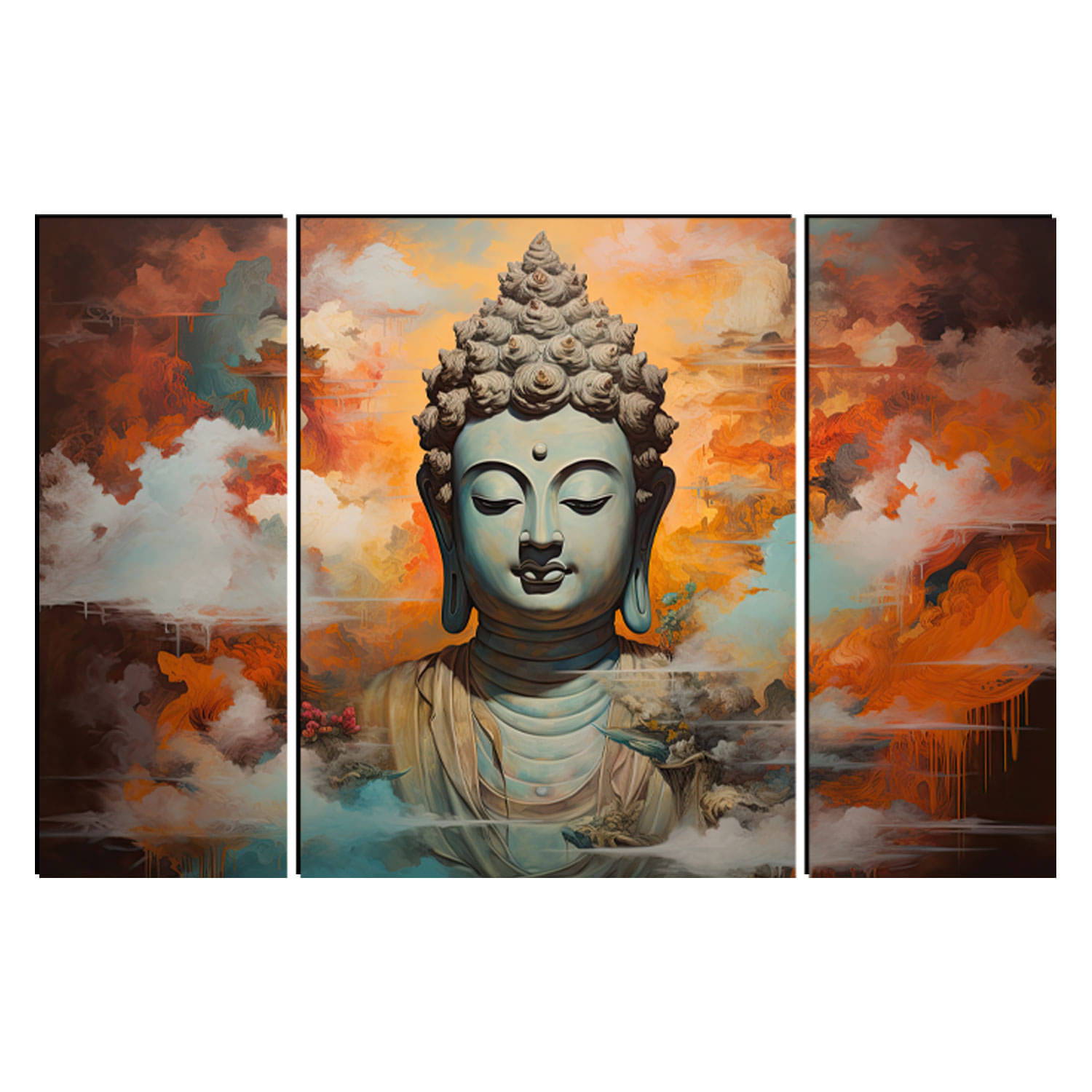 FRIZZY ARTS Buddha in Celestial Tranquility – Enlightenment Wall Art with Fiery Sky (3 Panel Set) FRIZZY ARTS Buddha in Celestial Tranquility – Enlightenment Wall Art with Fiery Sky (3 Panel Set)