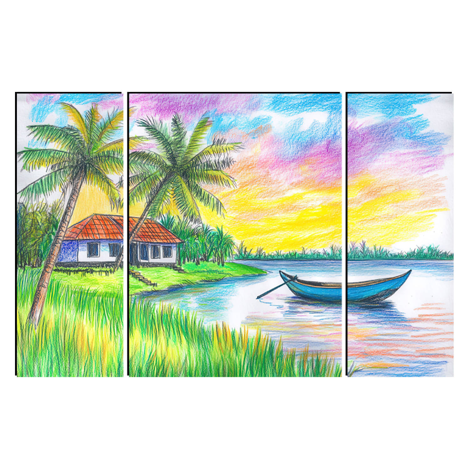 FRIZZY ARTS Coastal Serenity – Hand-Drawn Tropical River Scene 3 Panel Wall Art FRIZZY ARTS Coastal Serenity – Hand-Drawn Tropical River Scene 3 Panel Wall Art