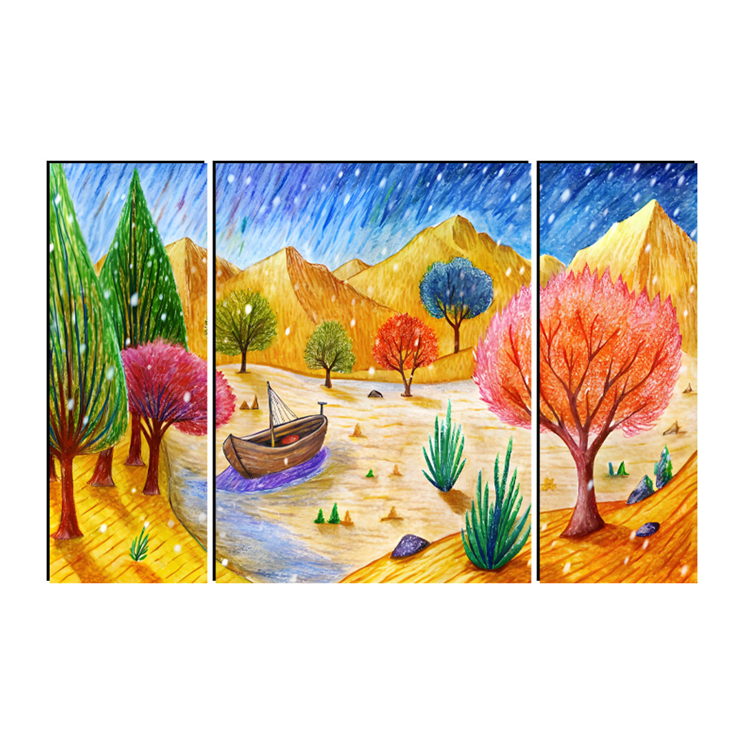 FRIZZY ARTS Dreamscape Desert – Colorful Trees & Boat in Fantasy Land 3 Panel Wall Art FRIZZY ARTS Dreamscape Desert – Colorful Trees & Boat in Fantasy Land 3 Panel Wall Art