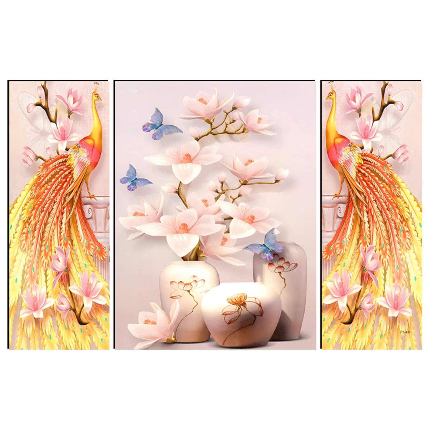     			FRIZZY ARTS  Elegant Peacock & Blossom Vase Wall Art – 3 Piece Set