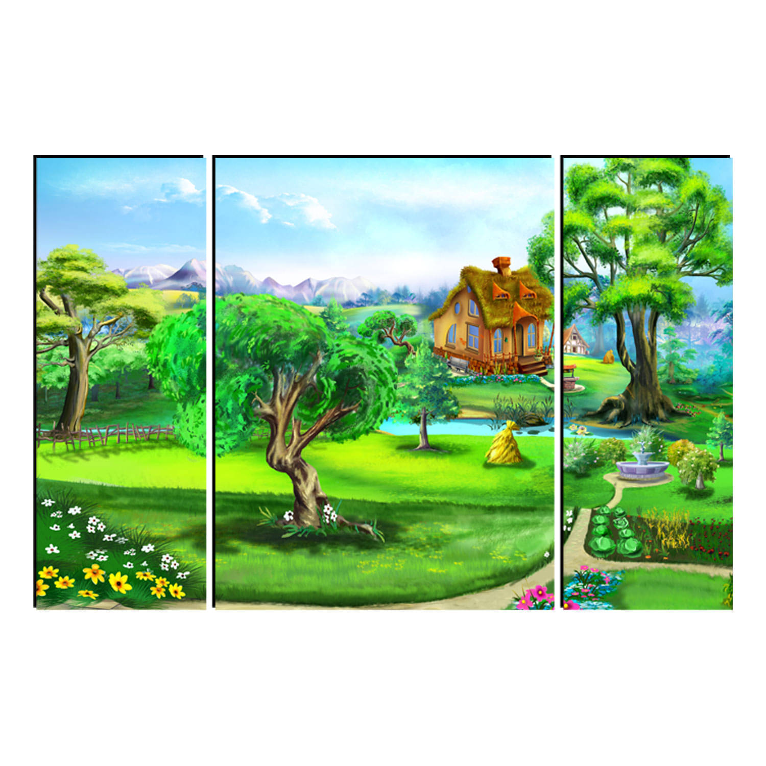 FRIZZY ARTS Enchanted Countryside – 3 Panel Cottage & Garden Canvas Wall Art FRIZZY ARTS Enchanted Countryside – 3 Panel Cottage & Garden Canvas Wall Art