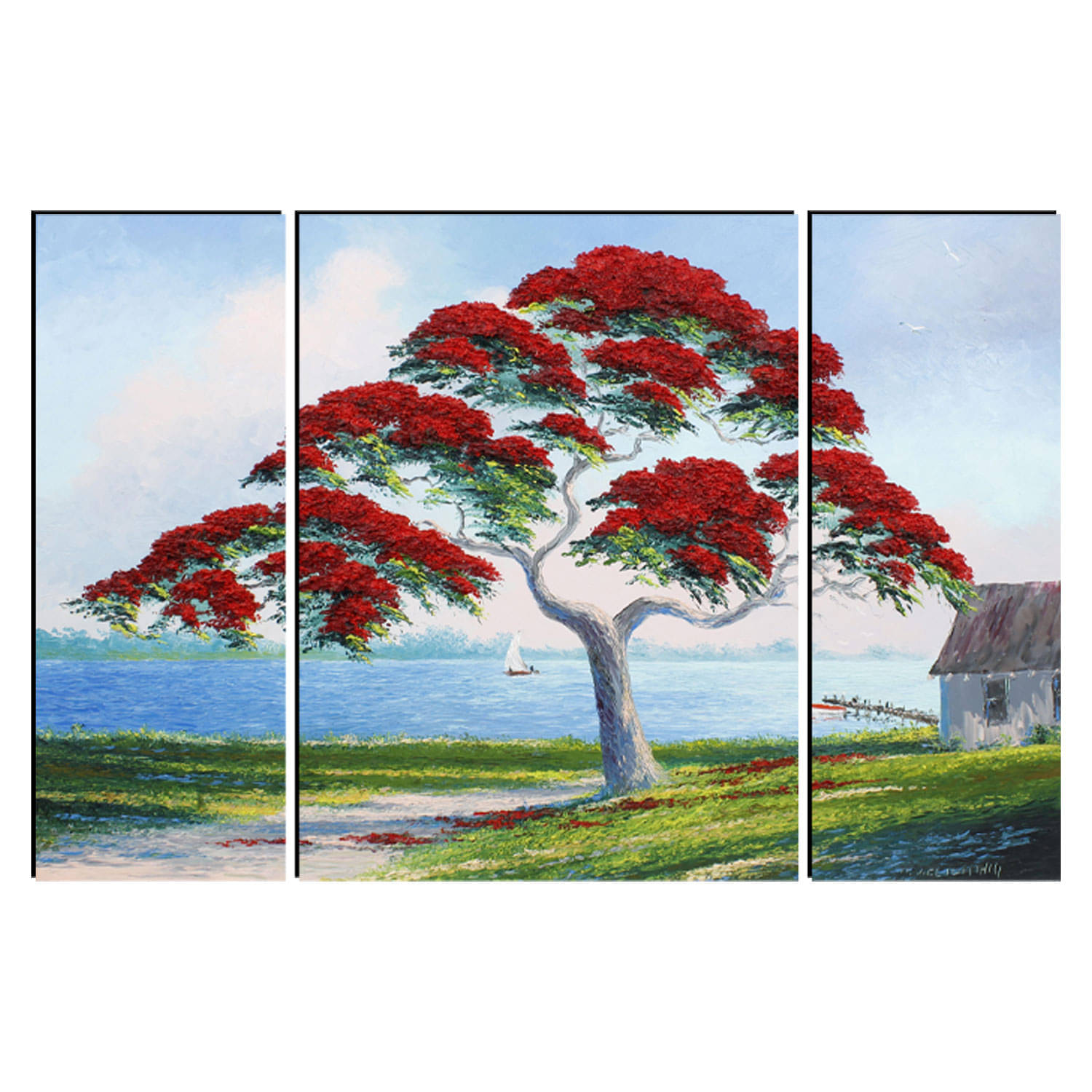     			FRIZZY ARTS  Flame Tree by the Lake – Tranquil Seaside Red Blossom 3 Panel Wall Art