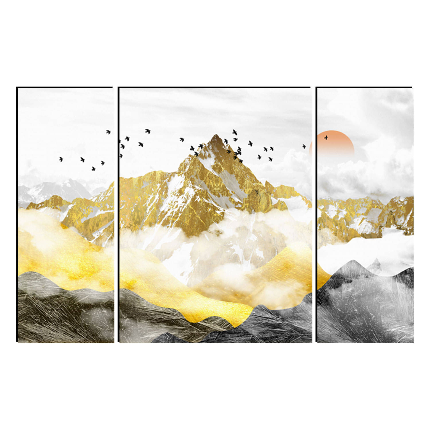 FRIZZY ARTS Golden Ascent – Abstract Mountain Landscape with Sun & Birds 3 Panel Wall Art FRIZZY ARTS Golden Ascent – Abstract Mountain Landscape with Sun & Birds 3 Panel Wall Art