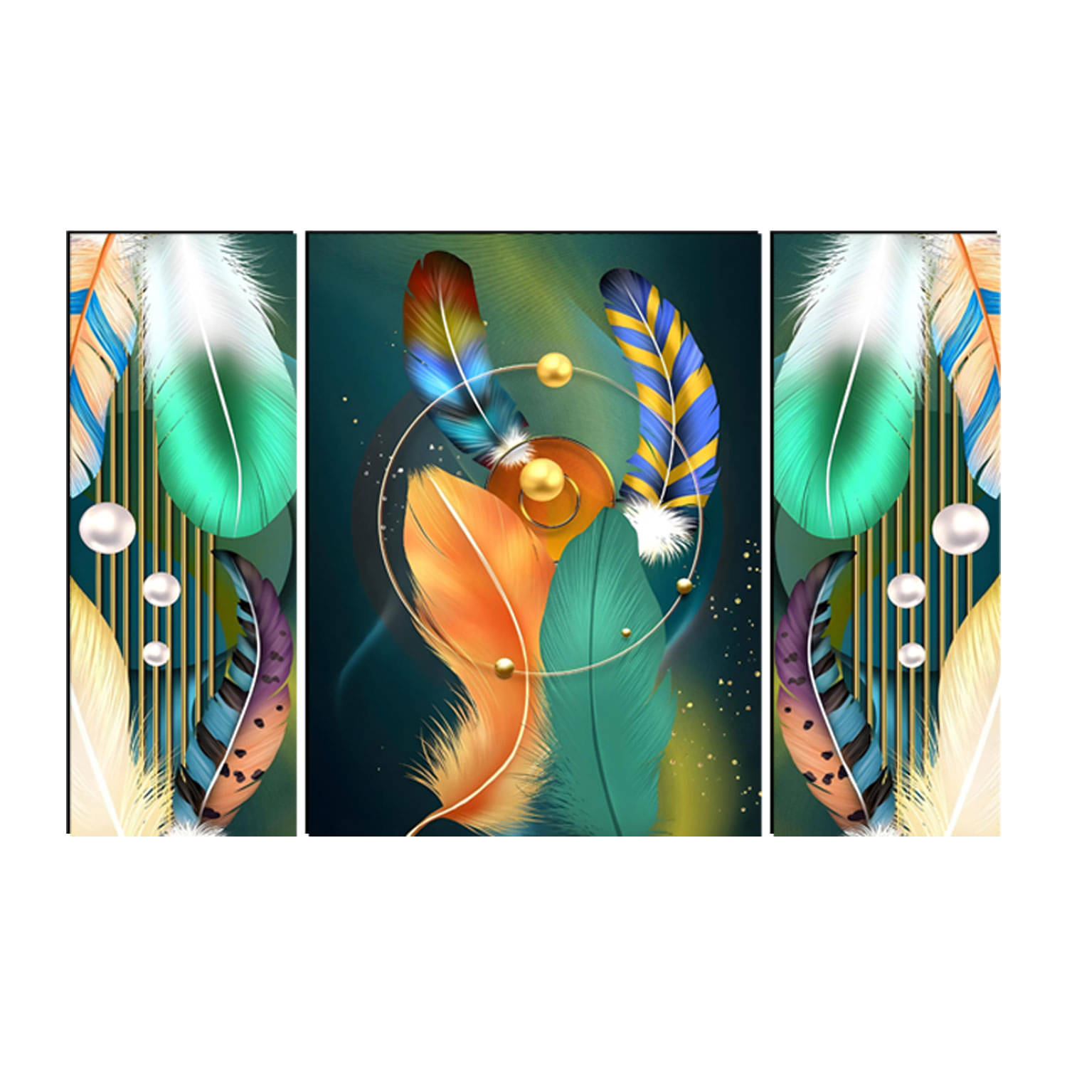     			FRIZZY ARTS  Golden Harmony – Abstract Colorful Feathers with Pearl Accents (3 Panel Wall Art)