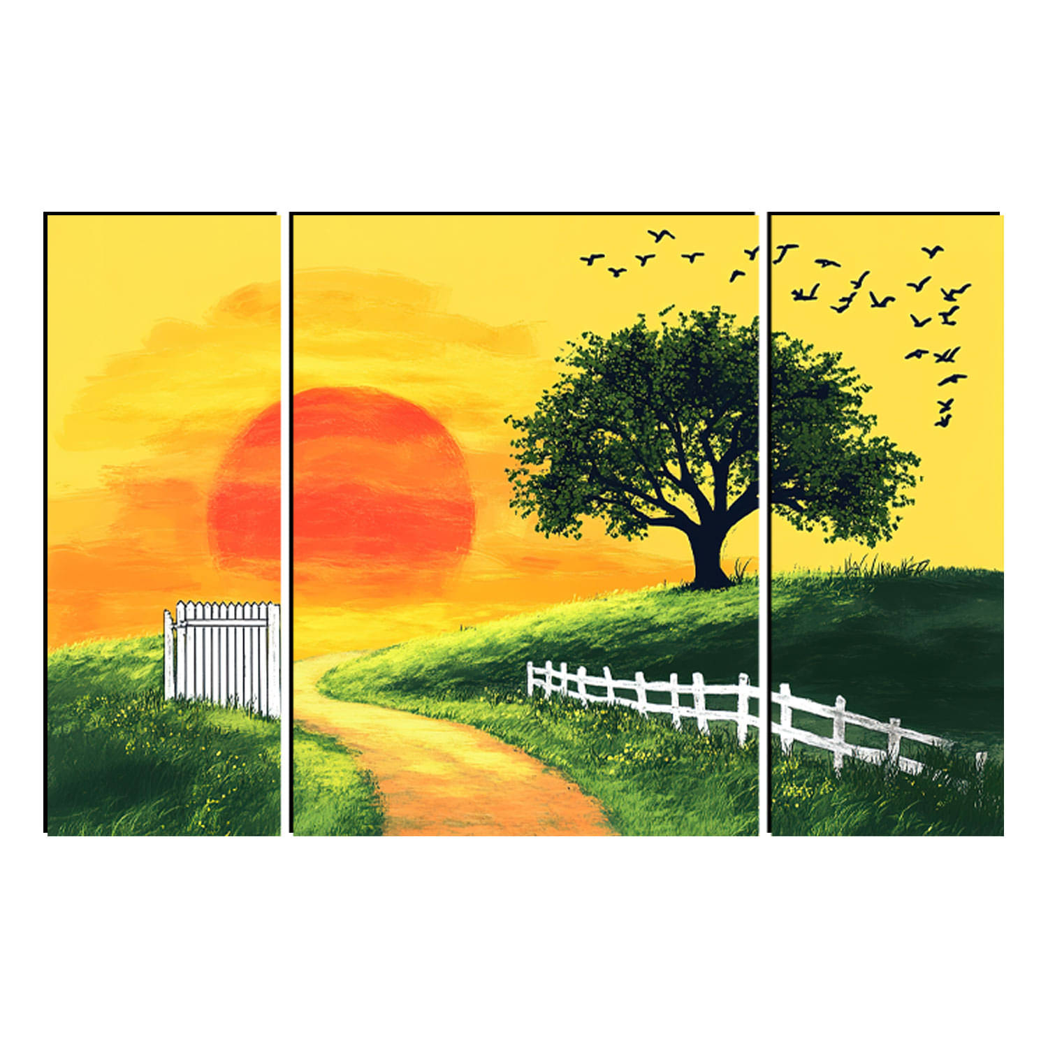     			FRIZZY ARTS  Golden Horizon – Serene Sunset Pathway Landscape (3 Panel Wall Art)