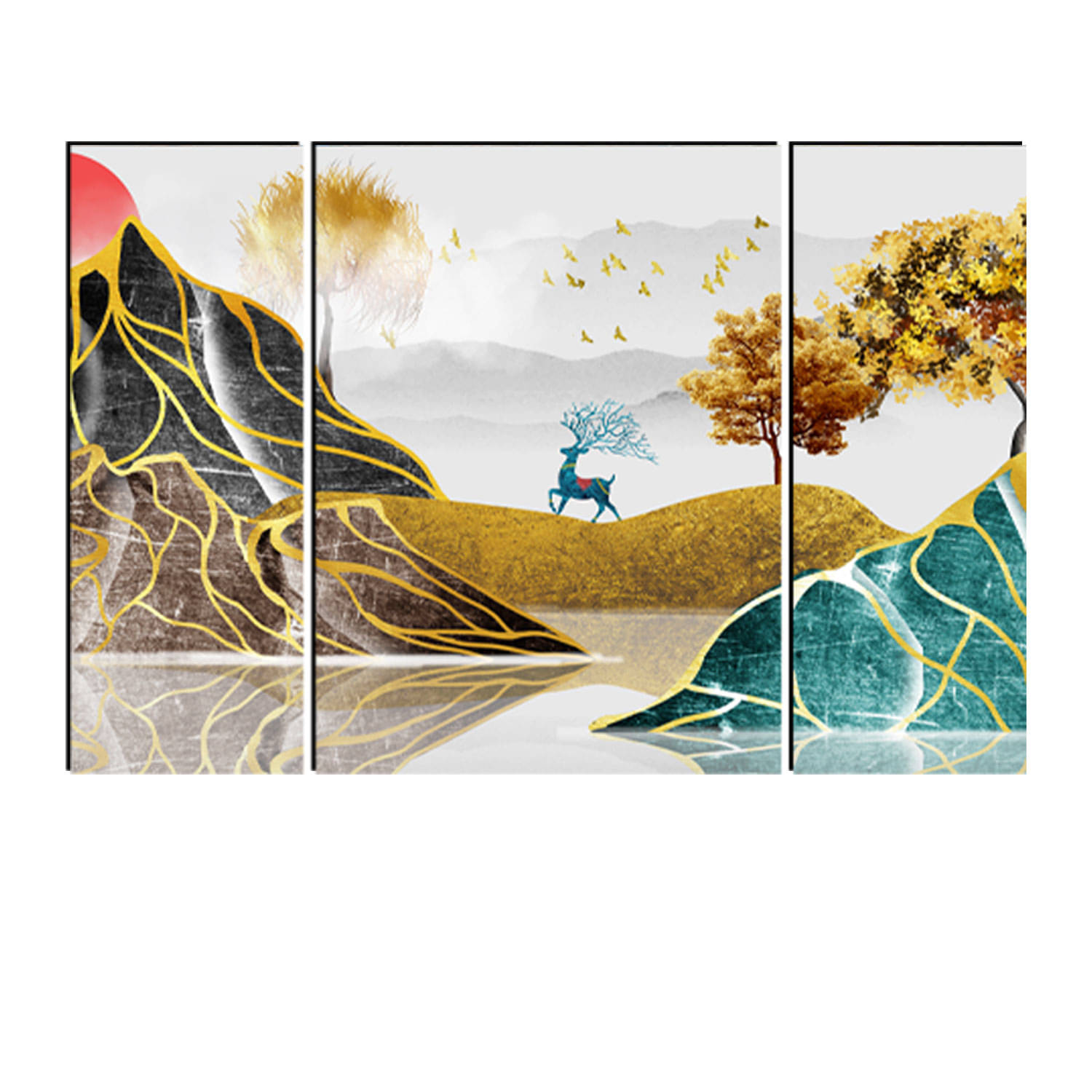     			FRIZZY ARTS  Golden Serenity – Abstract Deer Landscape 3 Panel Canvas Art