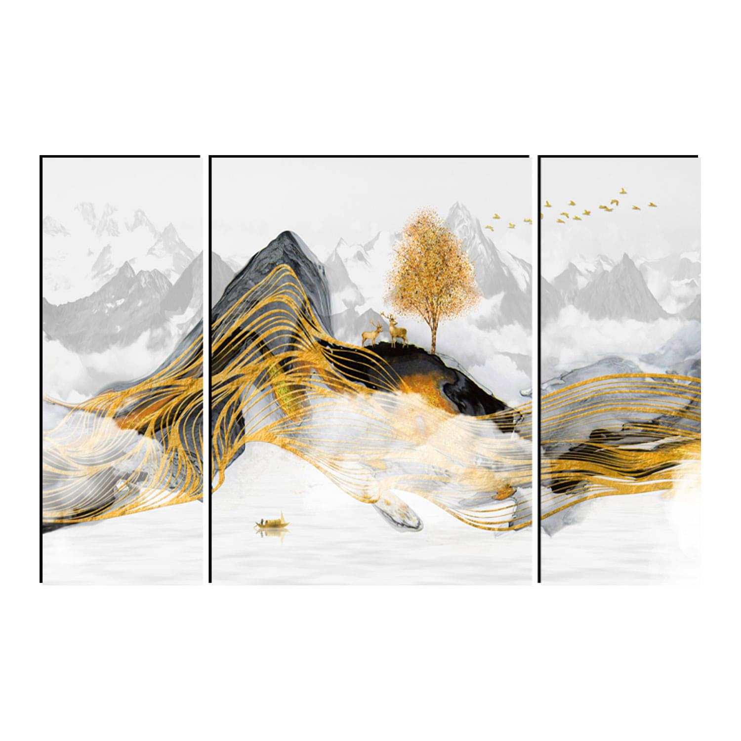 FRIZZY ARTS Golden Serenity – Minimalist Mountain & Deer 3 Panel Wall Art for Modern Interiors FRIZZY ARTS Golden Serenity – Minimalist Mountain & Deer 3 Panel Wall Art for Modern Interiors