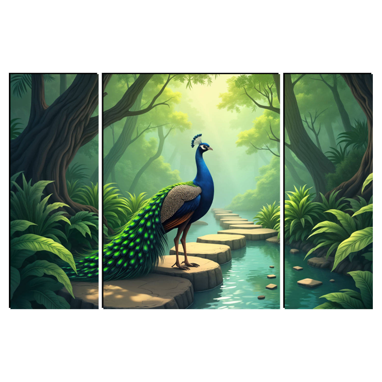     			FRIZZY ARTS  Majestic Peacock in Forest – 3 Panel Wall Art with Stream and Nature Pathway