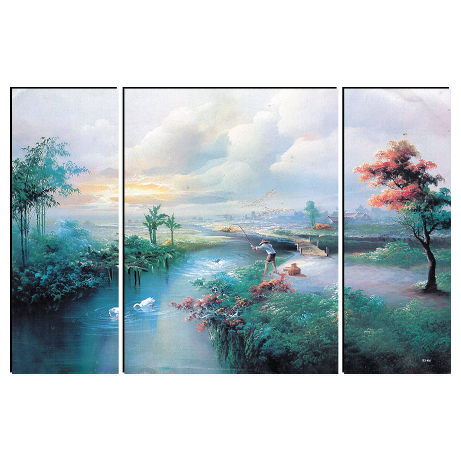 FRIZZY ARTS Pastoral Serenity – 3 Panel Canvas Art of Fisherman by Riverside at Dawn FRIZZY ARTS Pastoral Serenity – 3 Panel Canvas Art of Fisherman by Riverside at Dawn