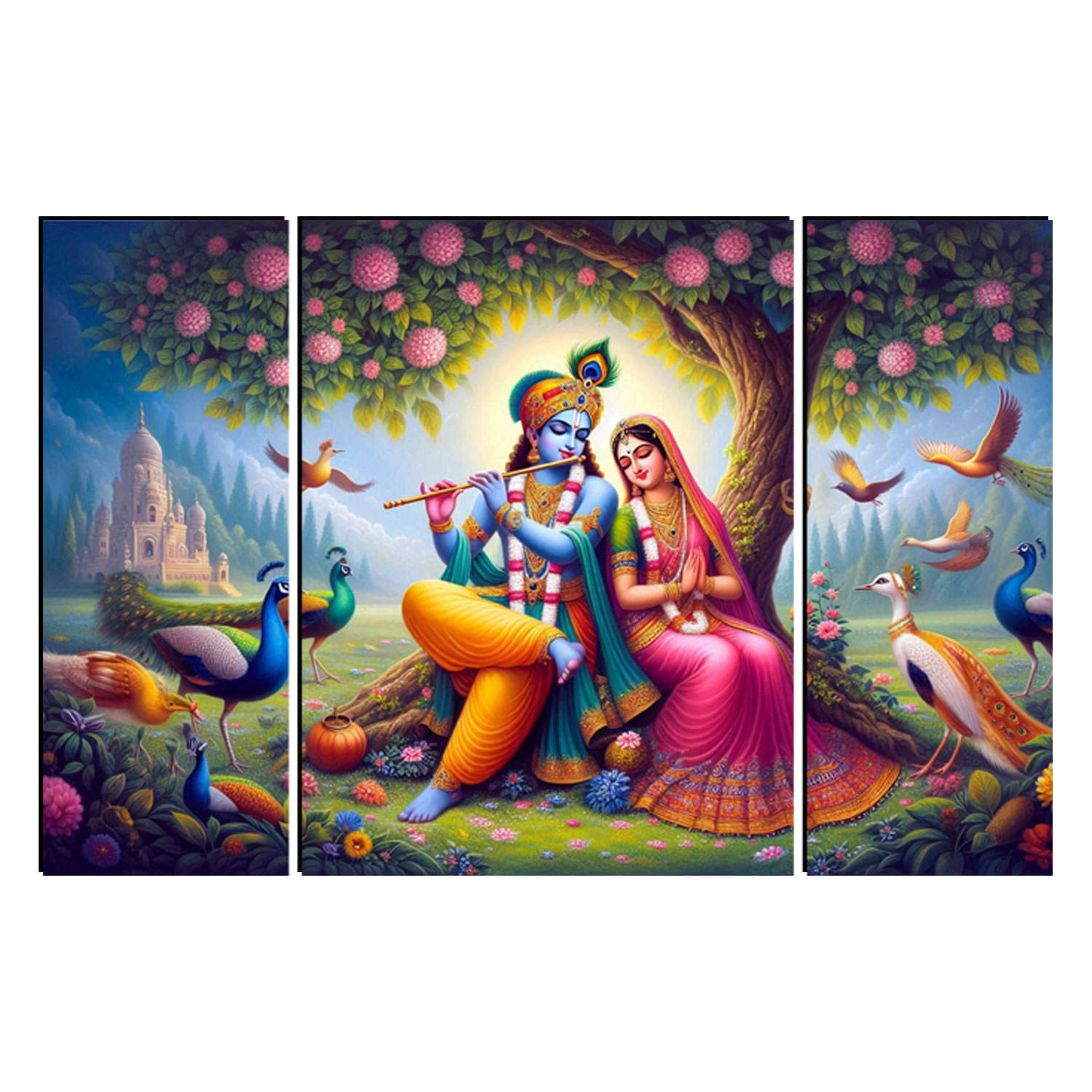 FRIZZY ARTS Radha Krishna Under Divine Tree – 3 Panel Spiritual Wall Art with Peacocks & Temple Backdrop FRIZZY ARTS Radha Krishna Under Divine Tree – 3 Panel Spiritual Wall Art with Peacocks & Temple Backdrop