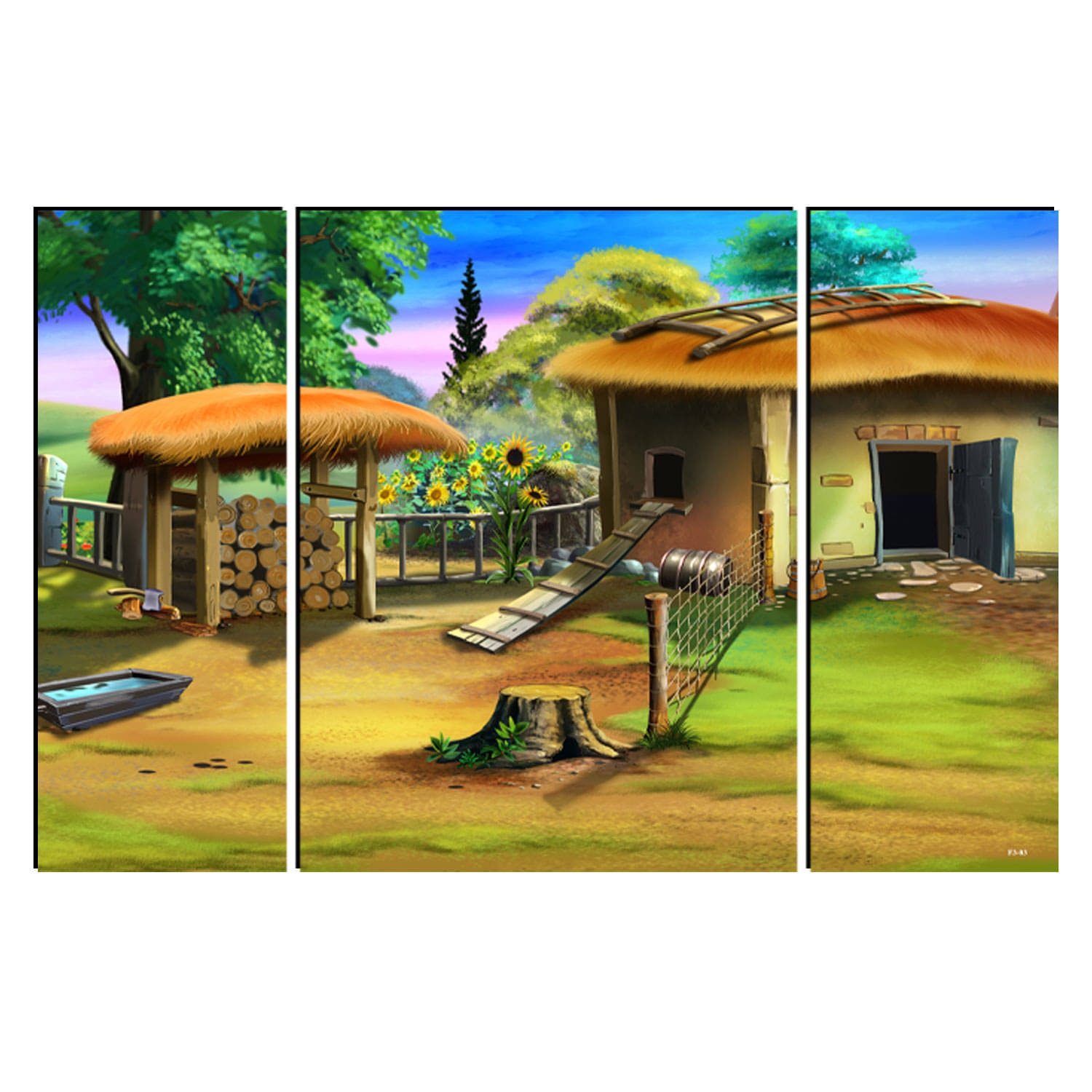 FRIZZY ARTS Rustic Village Courtyard – 3 Panel Cartoon Style Wall Art with Huts and Garden FRIZZY ARTS Rustic Village Courtyard – 3 Panel Cartoon Style Wall Art with Huts and Garden