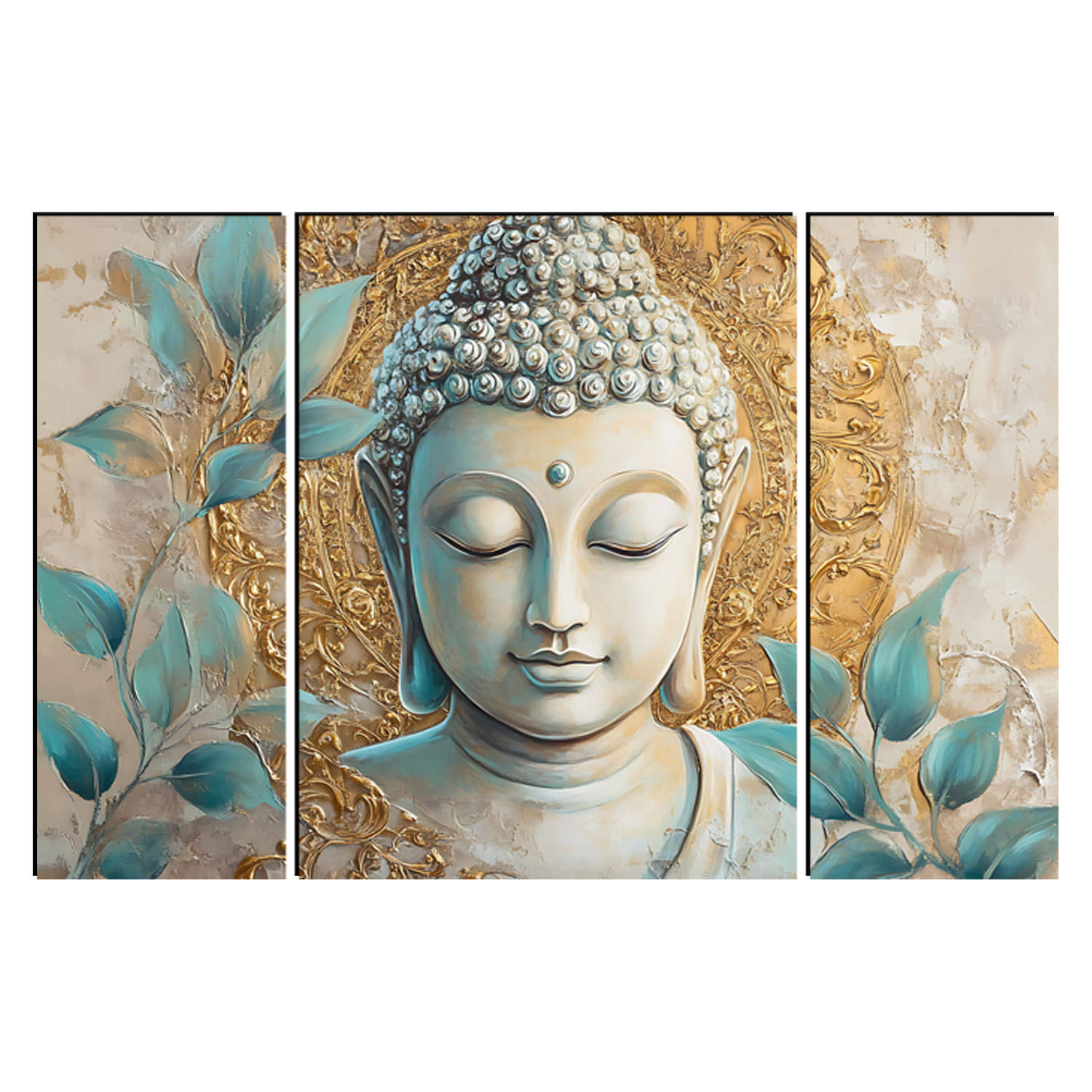     			FRIZZY ARTS  Tranquil Glow – 3 Panel White Buddha Canvas