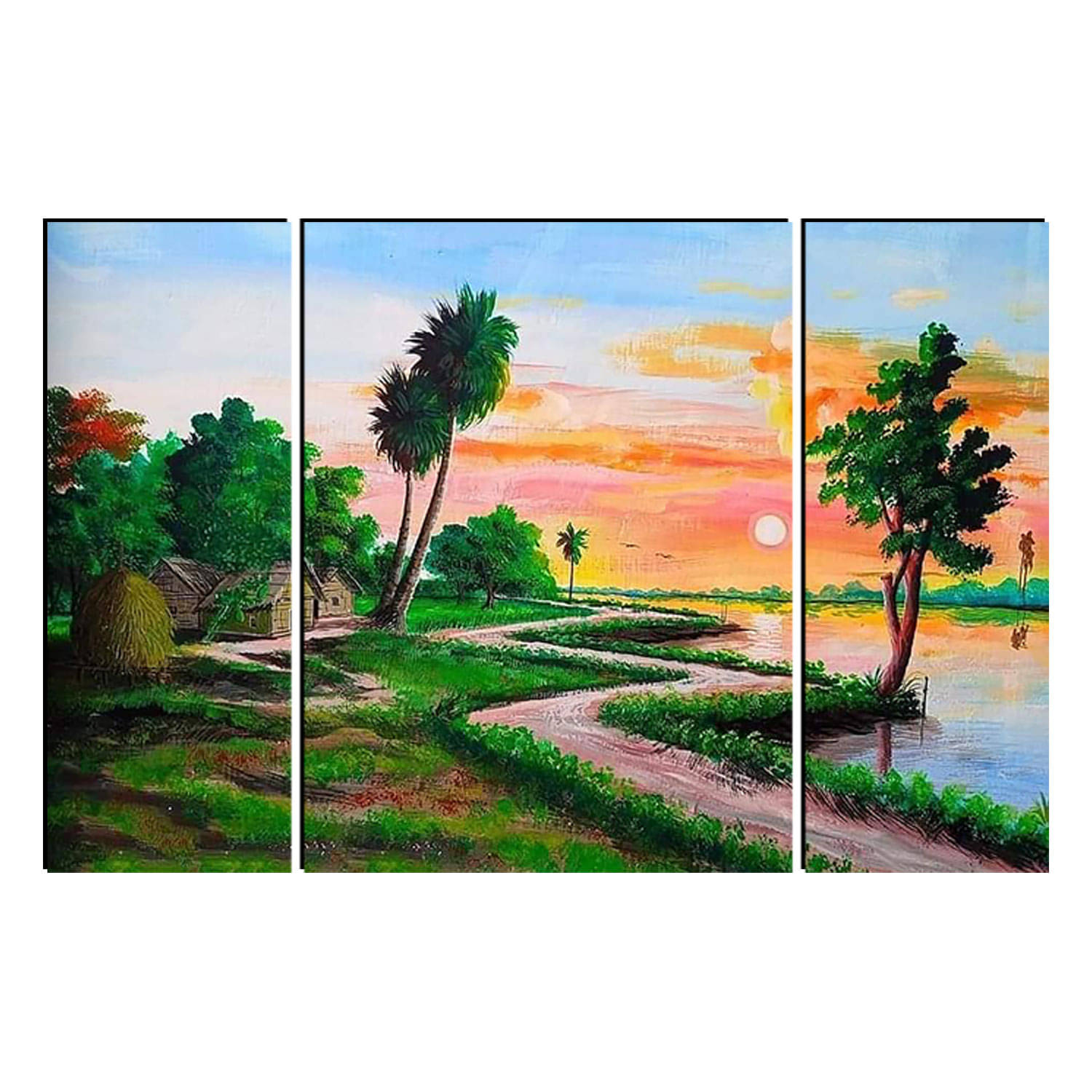     			FRIZZY ARTS  Village Sunset Serenity – Rural Landscape River View (3 Panel Canvas Art)