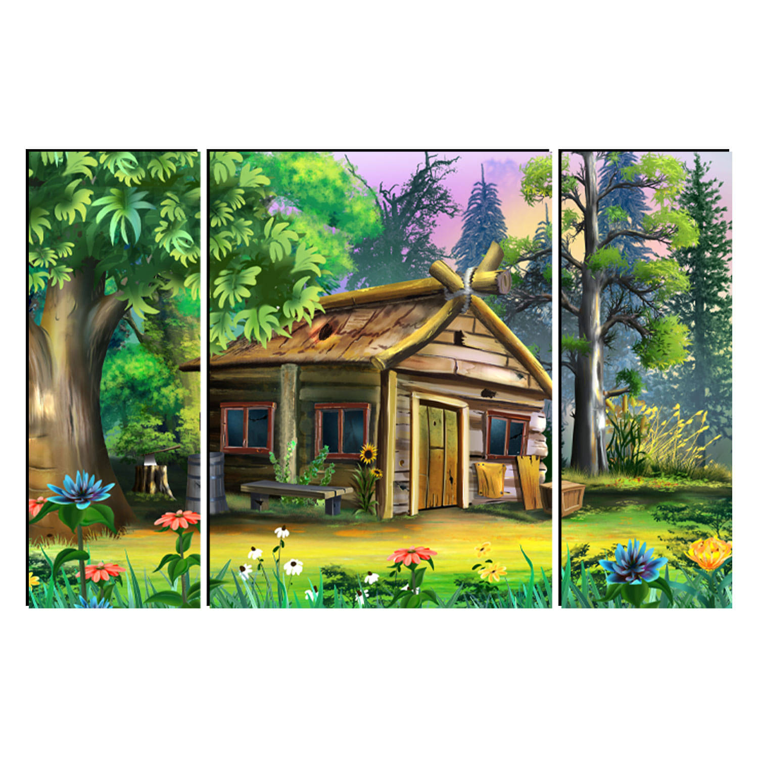 FRIZZY ARTS Whimsical Forest Cabin – 3 Panel Nature Canvas Art FRIZZY ARTS Whimsical Forest Cabin – 3 Panel Nature Canvas Art
