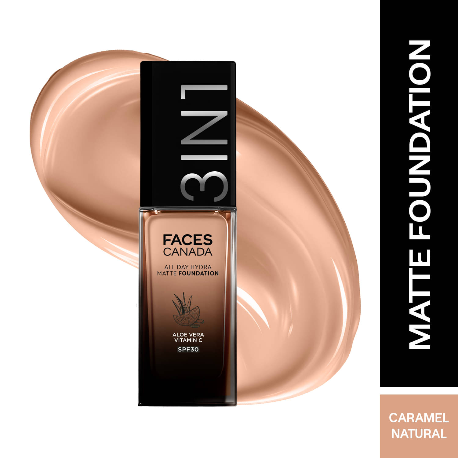     			FACES CANADA All Day Hydra Matte Foundation , 3 in 1 Foundation + Moisturizer + SPF 30 , Caramel Natural 023, 30ml