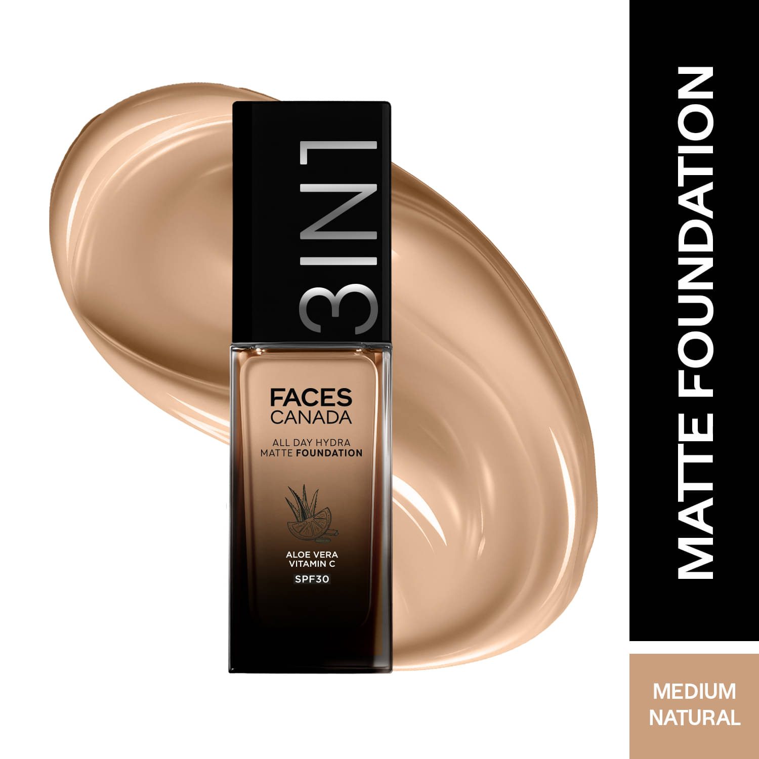    			FACES CANADA All Day Hydra Matte Foundation , 3 in 1 Foundation + Moisturizer + SPF 30 , Medium Natural 022, 30ml
