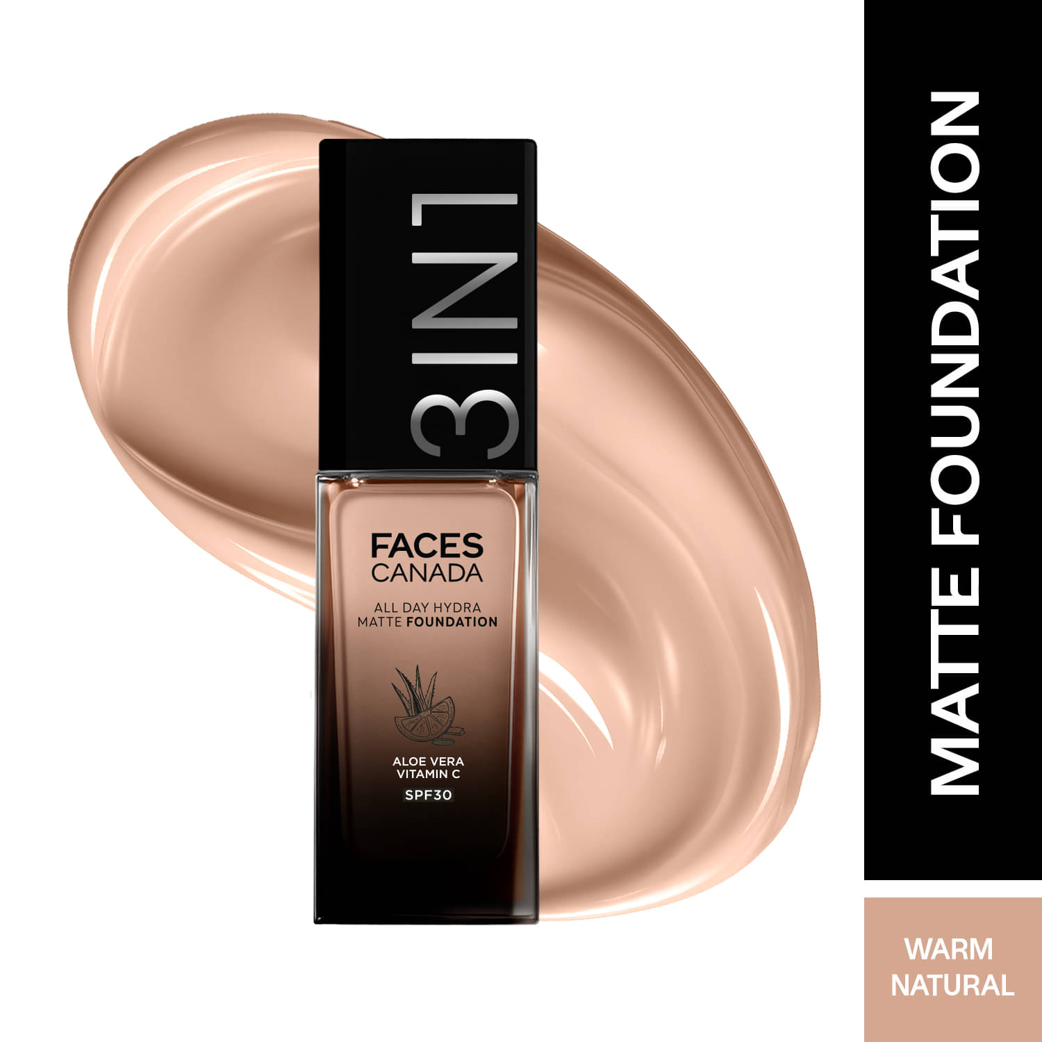     			FACES CANADA All Day Hydra Matte Foundation , 3 in 1 Foundation + Moisturizer + SPF 30 , Warm Natural 021, 30ml