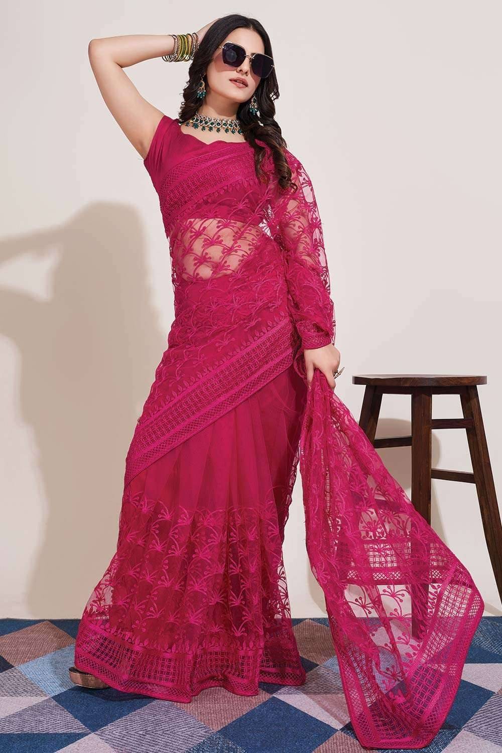 Keyura Net Embroidered Leheriya Saree With Unstitched Blouse Piece ( Pink ) Keyura Net Embroidered Leheriya Saree With Unstitched Blouse Piece ( Pink )
