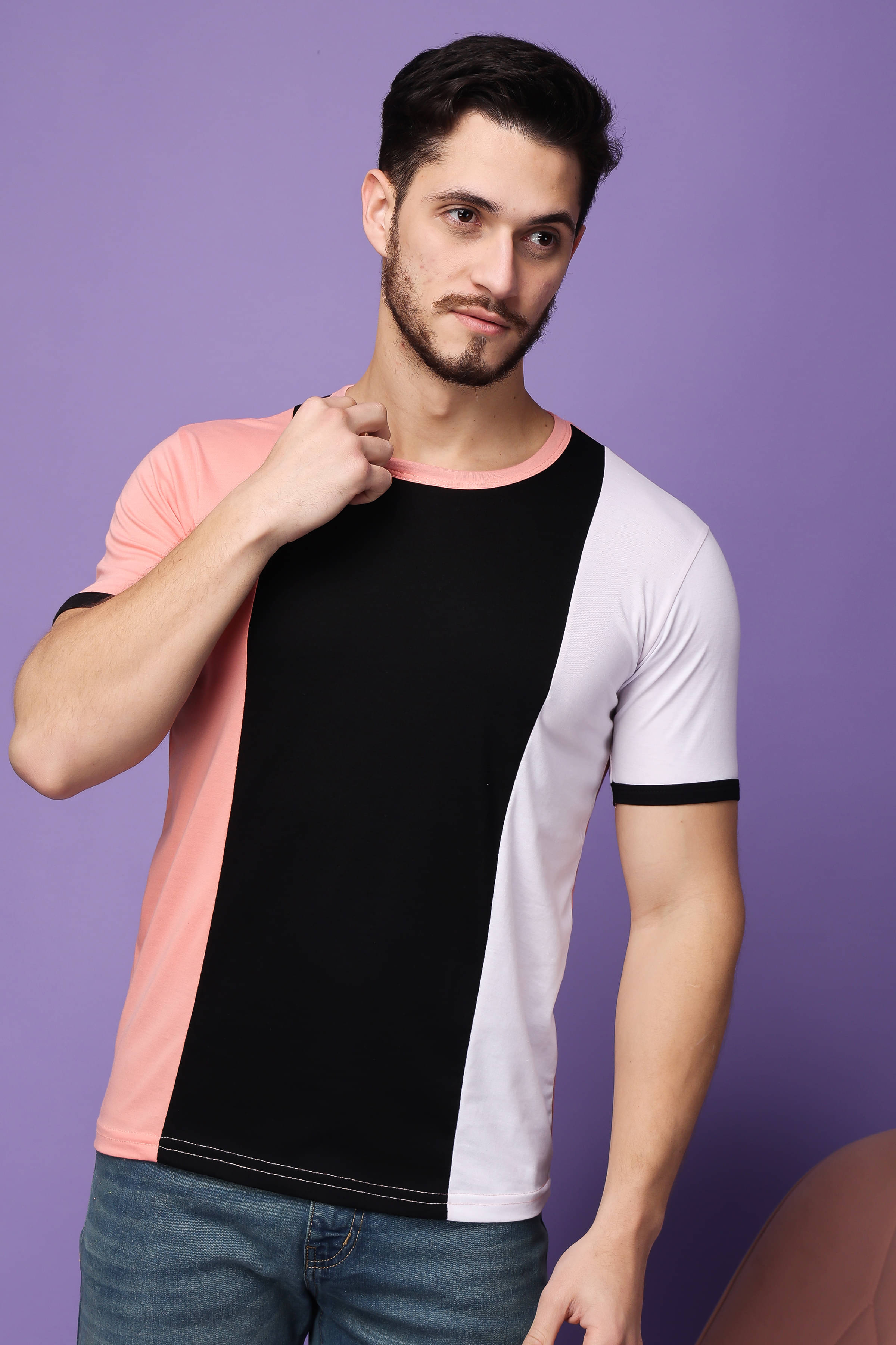 SWIFTLY Men Cotton Regular Fit Colorblock T-Shirt ( Peach ) SWIFTLY Men Cotton Regular Fit Colorblock T-Shirt ( Peach )