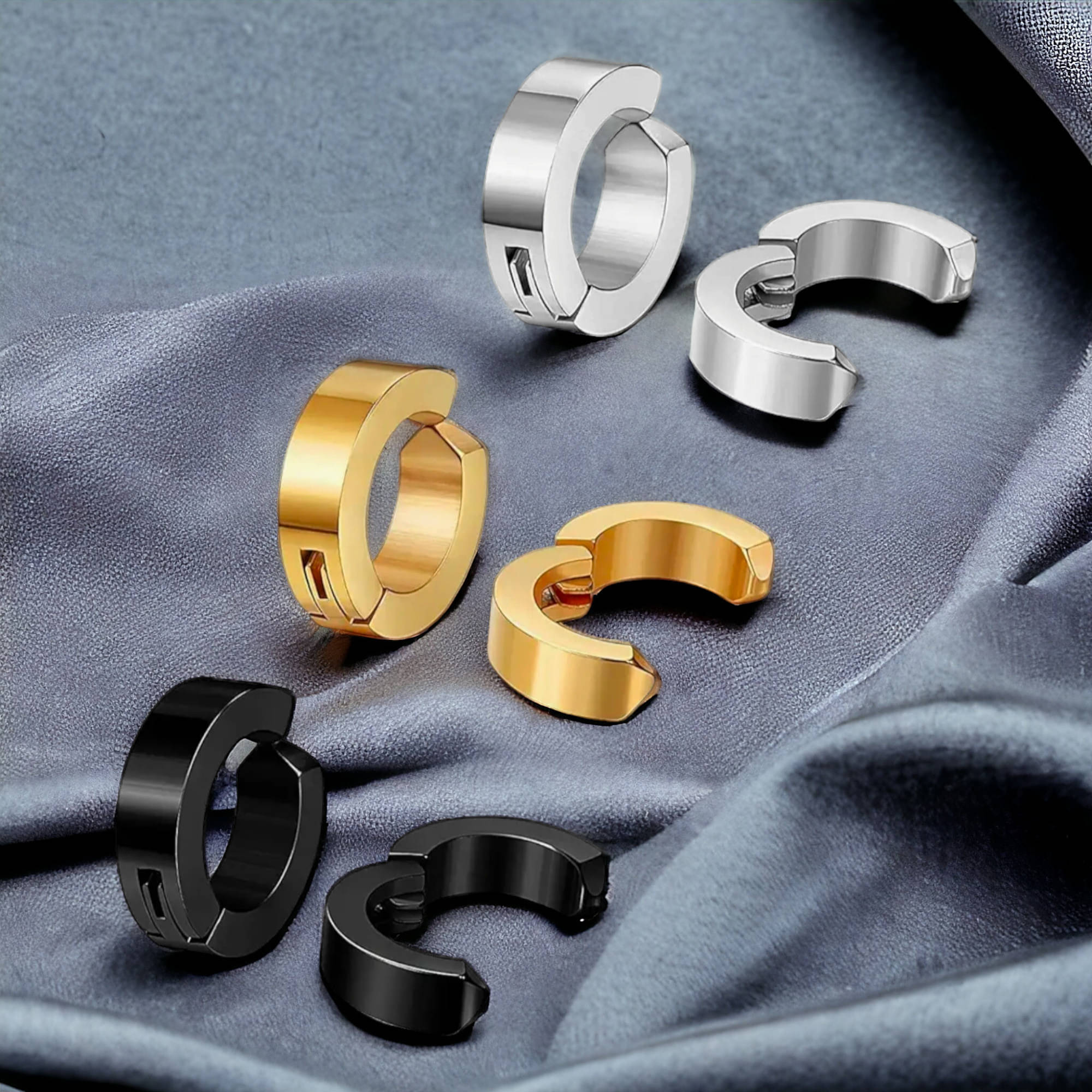     			Shree Ju Trending Silver Golden Black Non Piercing Bali Combo For Men Women (3 Sets)