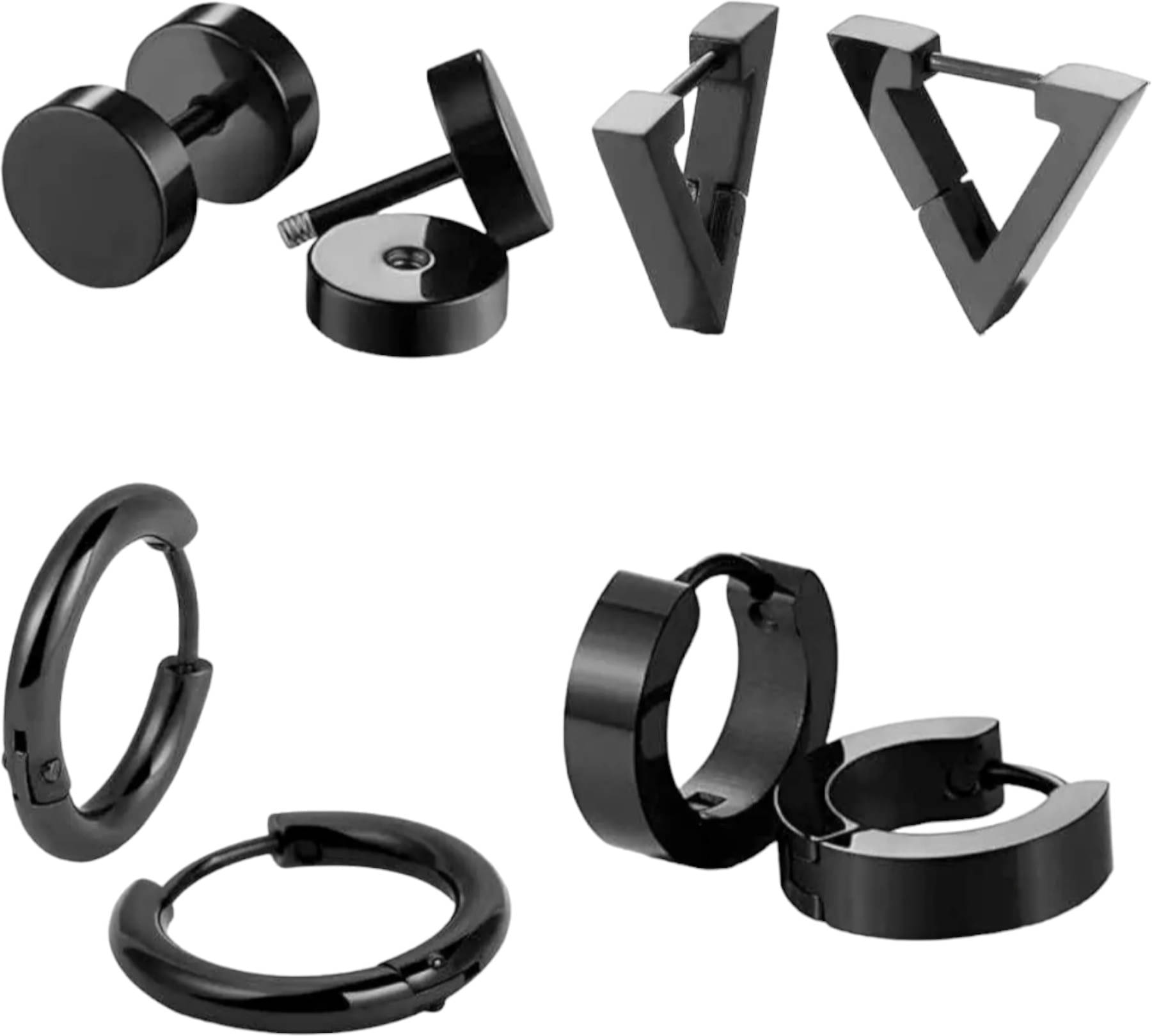Shree Ju Trendy Black Dumbbell Triangle Tik Tok Hinged Bali Combo For Men Women (4 Sets) Shree Ju Trendy Black Dumbbell Triangle Tik Tok Hinged Bali Combo For Men Women (4 Sets)