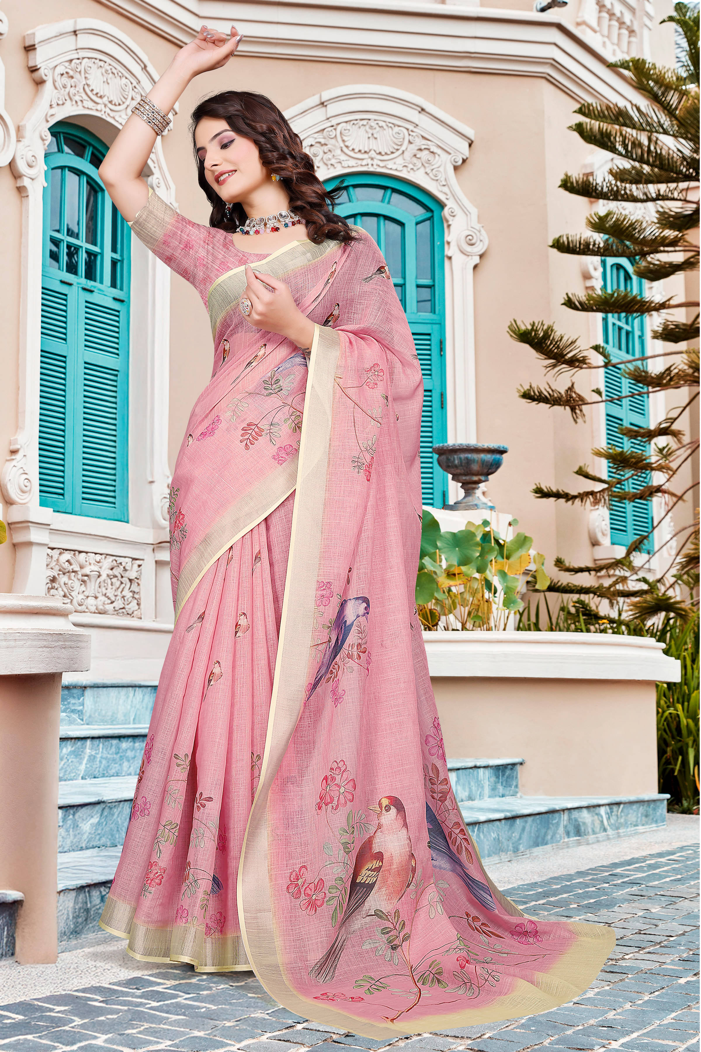     			Sidhidata Cotton Blend Printed Saree With Unstitched Blouse Piece ( Peach )
