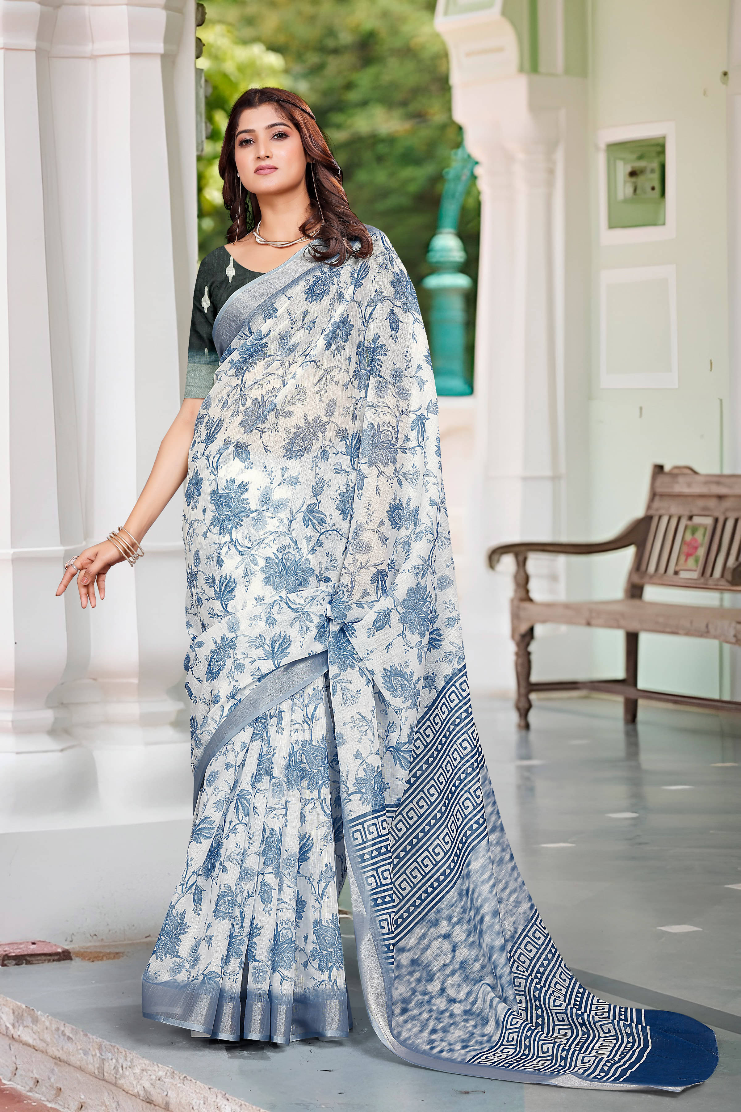     			Sidhidata Cotton Blend Printed Saree With Unstitched Blouse Piece ( Blue )