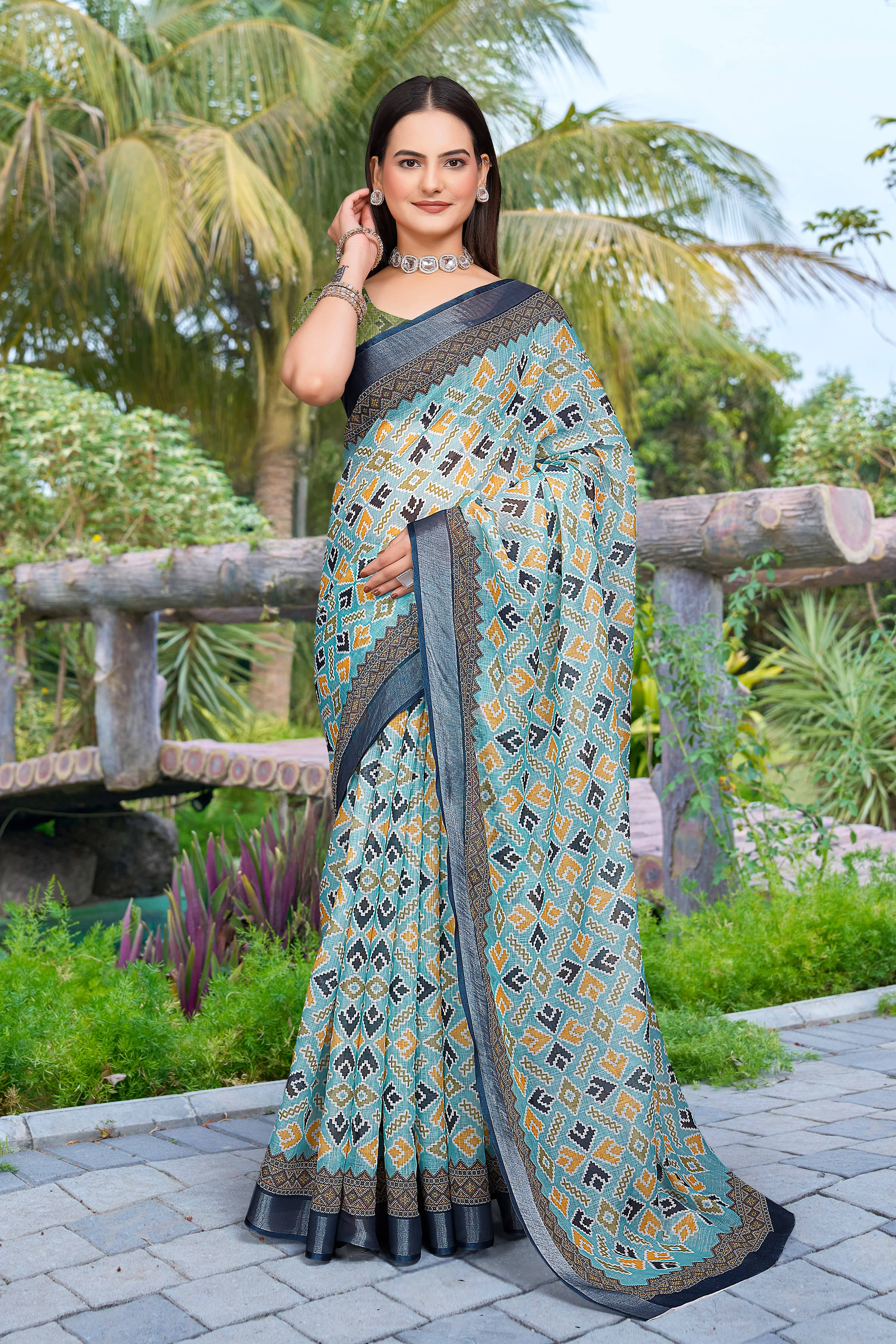 Sidhidata Cotton Blend Printed Saree With Unstitched Blouse Piece ( Sea Green ) Sidhidata Cotton Blend Printed Saree With Unstitched Blouse Piece ( Sea Green )